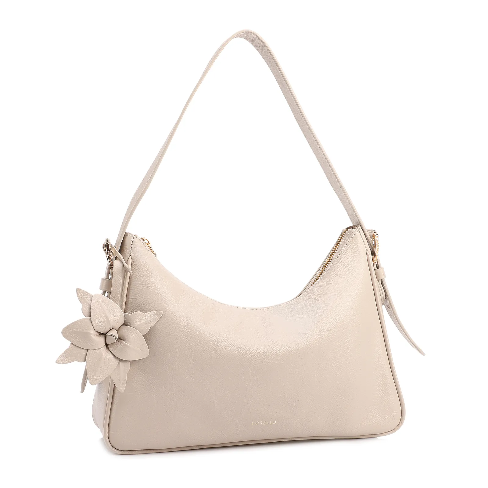  Bolsa De Ombro Pequena Couro Off White Pingente Flor
