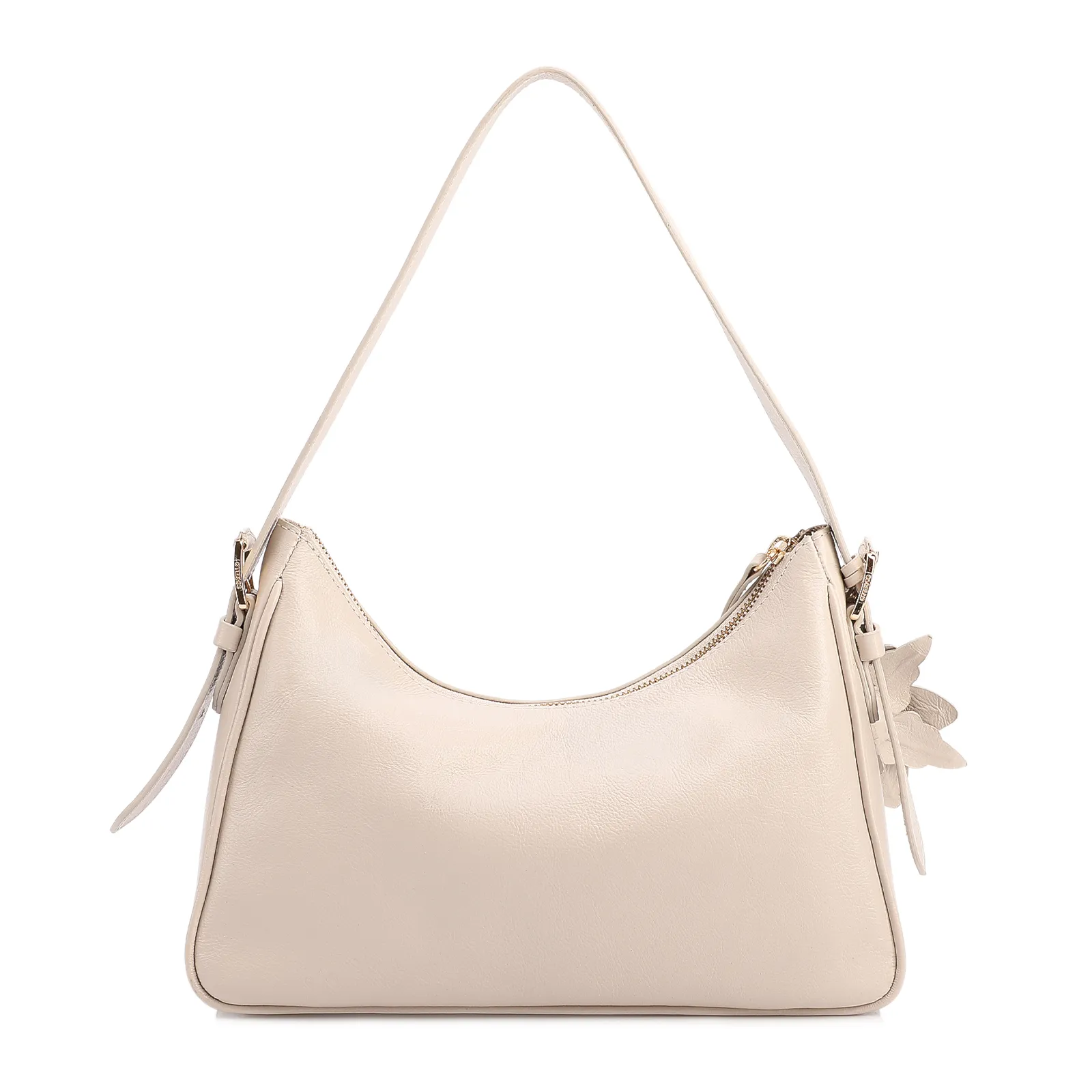 Bolsa De Ombro Pequena Couro Off White Pingente Flor