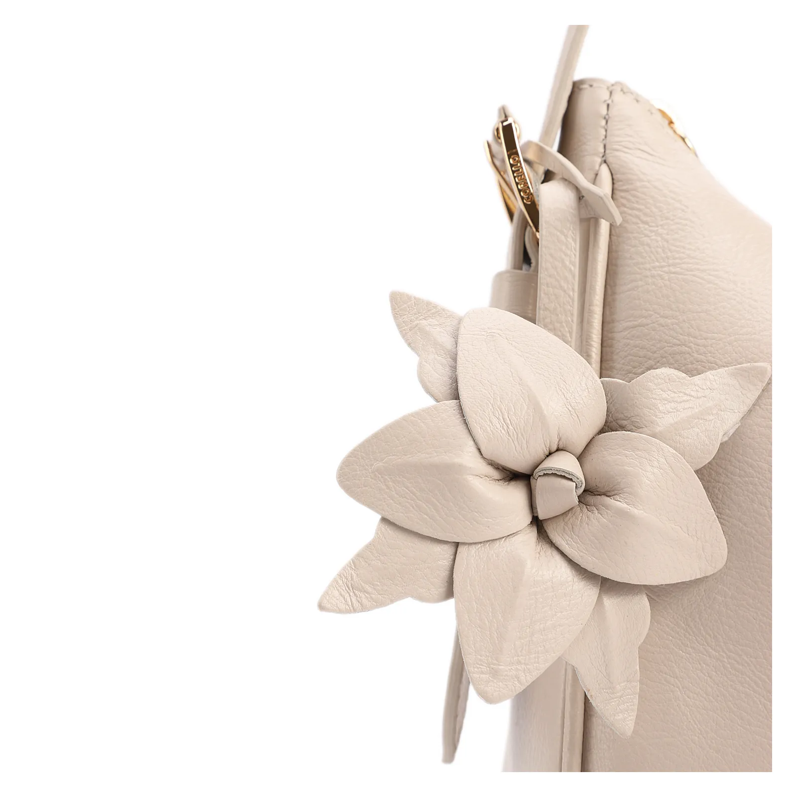 Bolsa De Ombro Pequena Couro Off White Pingente Flor