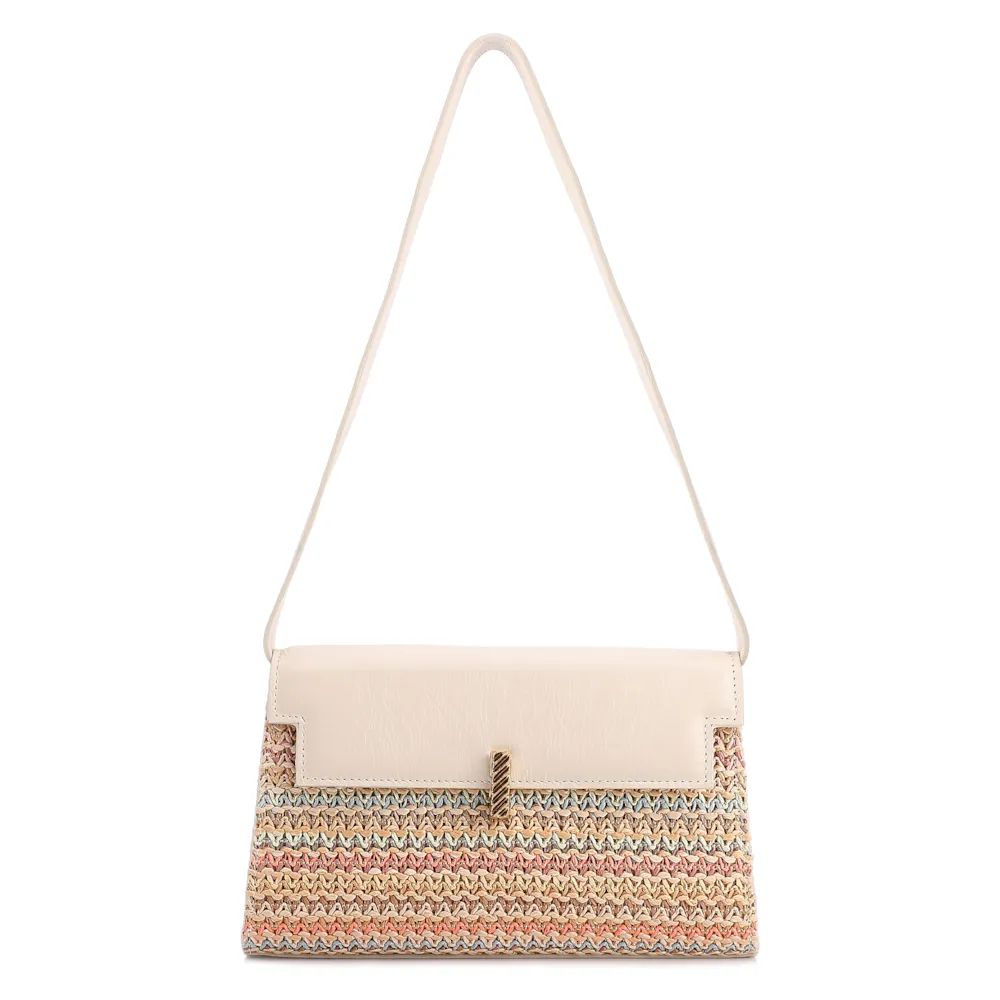 Bolsa De Ombro Pequena Couro Off White Ráfia Tramada Multicolor