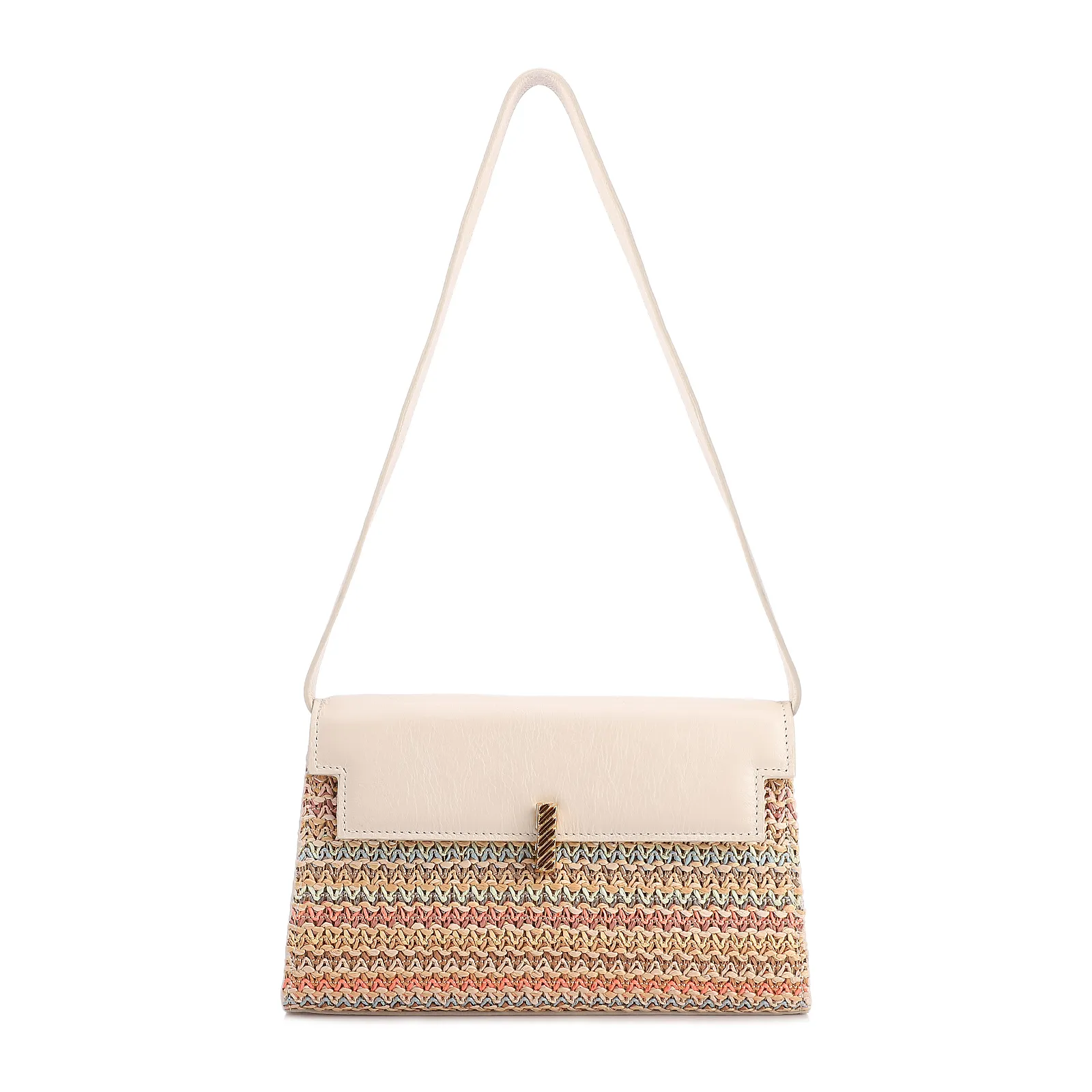 Bolsa De Ombro Pequena Couro Off White Ráfia Tramada Multicolor