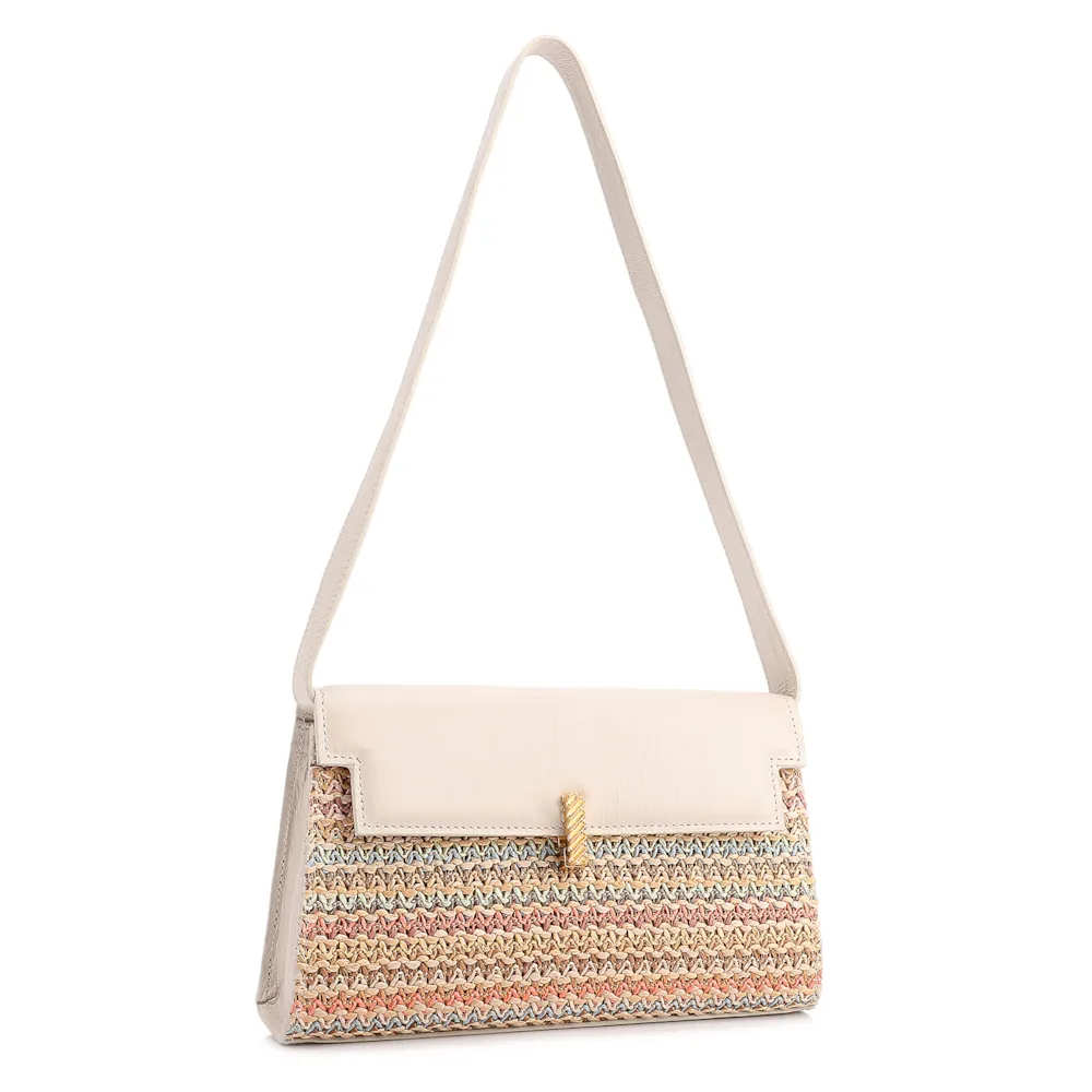 Bolsa De Ombro Pequena Couro Off White Ráfia Tramada Multicolor - imagem 2