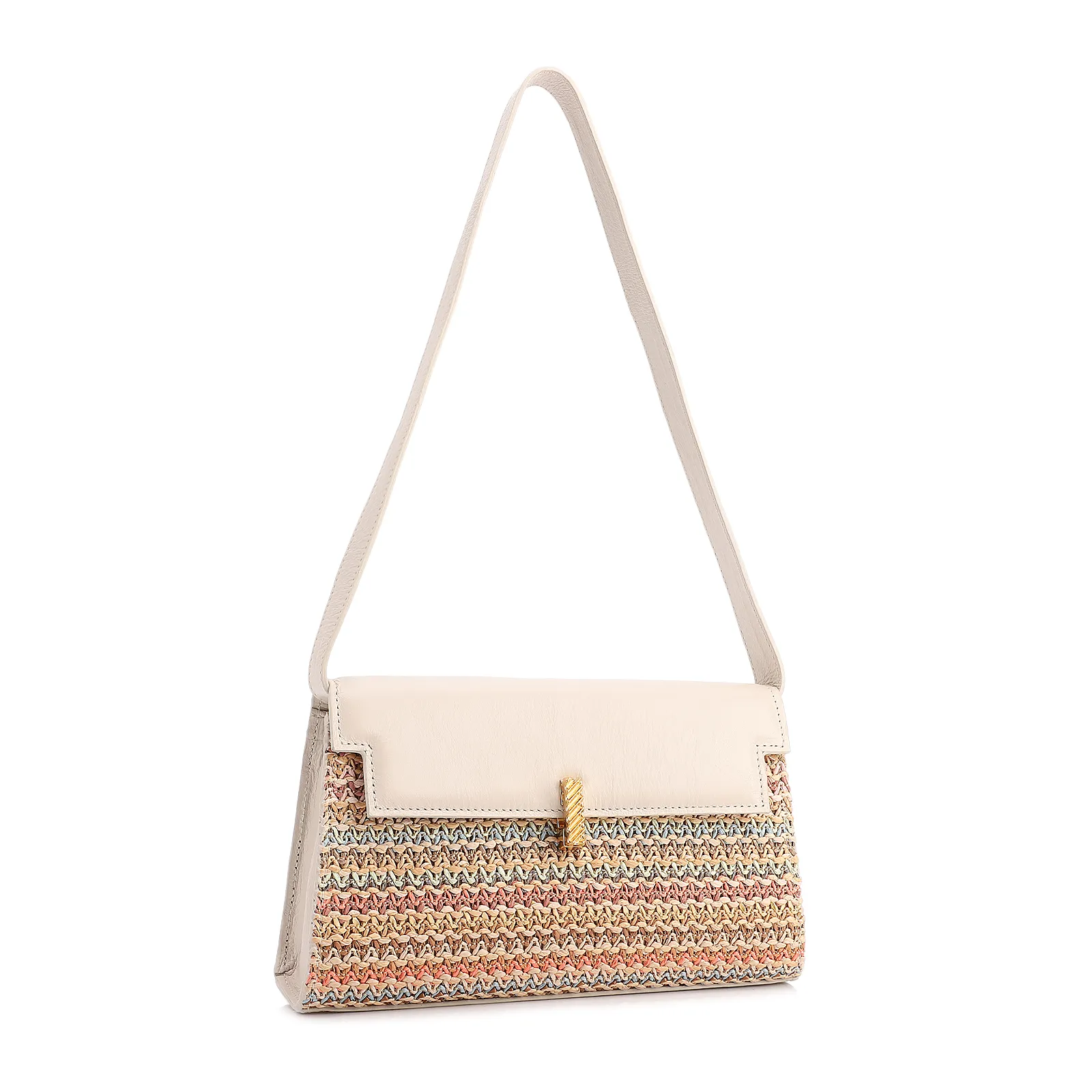 Bolsa De Ombro Pequena Couro Off White Ráfia Tramada Multicolor