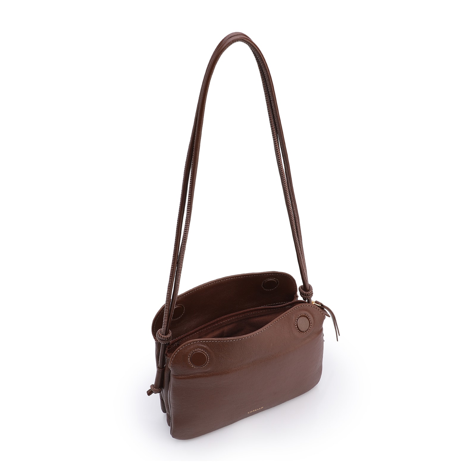 Bolsa De Ombro Pequena Couro Plume Marrom Aba Flap