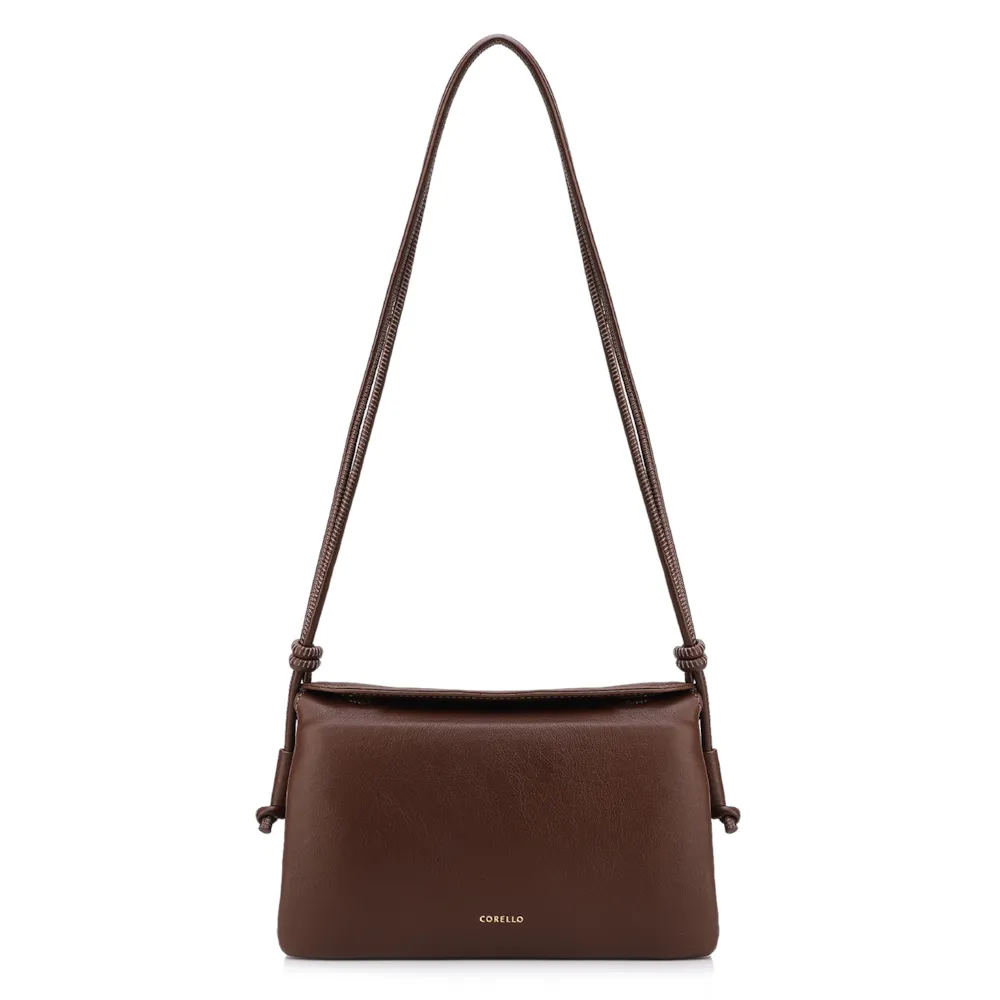 Bolsa De Ombro Pequena Couro Plume Marrom Aba Flap