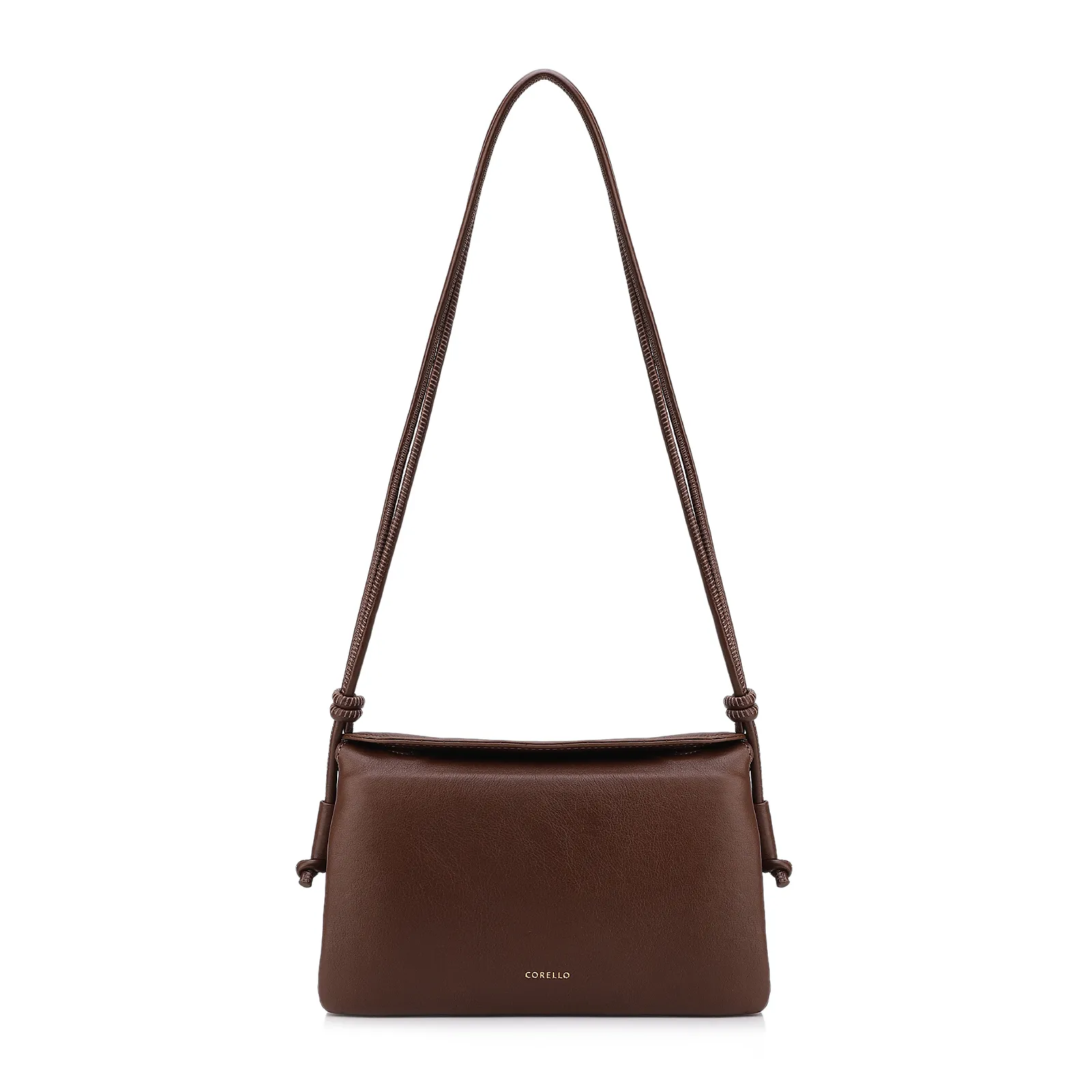 Bolsa De Ombro Pequena Couro Plume Marrom Aba Flap
