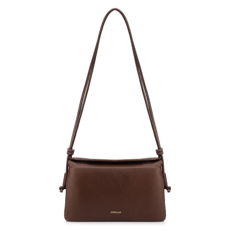Bolsa De Ombro Pequena Couro Plume Marrom Aba Flap
