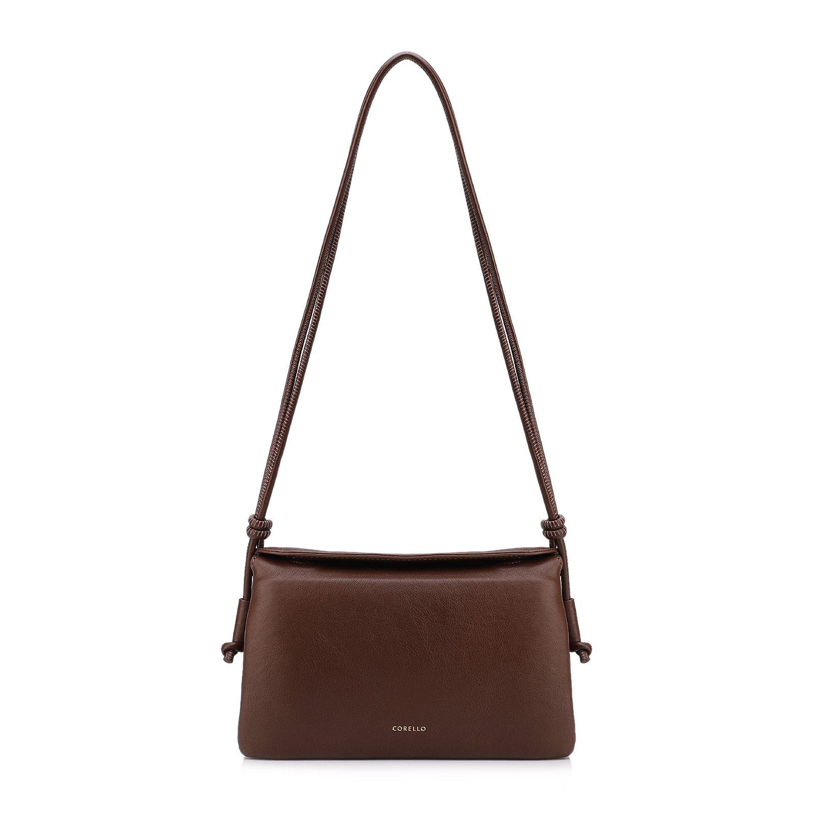 Bolsa De Ombro Pequena Couro Plume Marrom Aba Flap