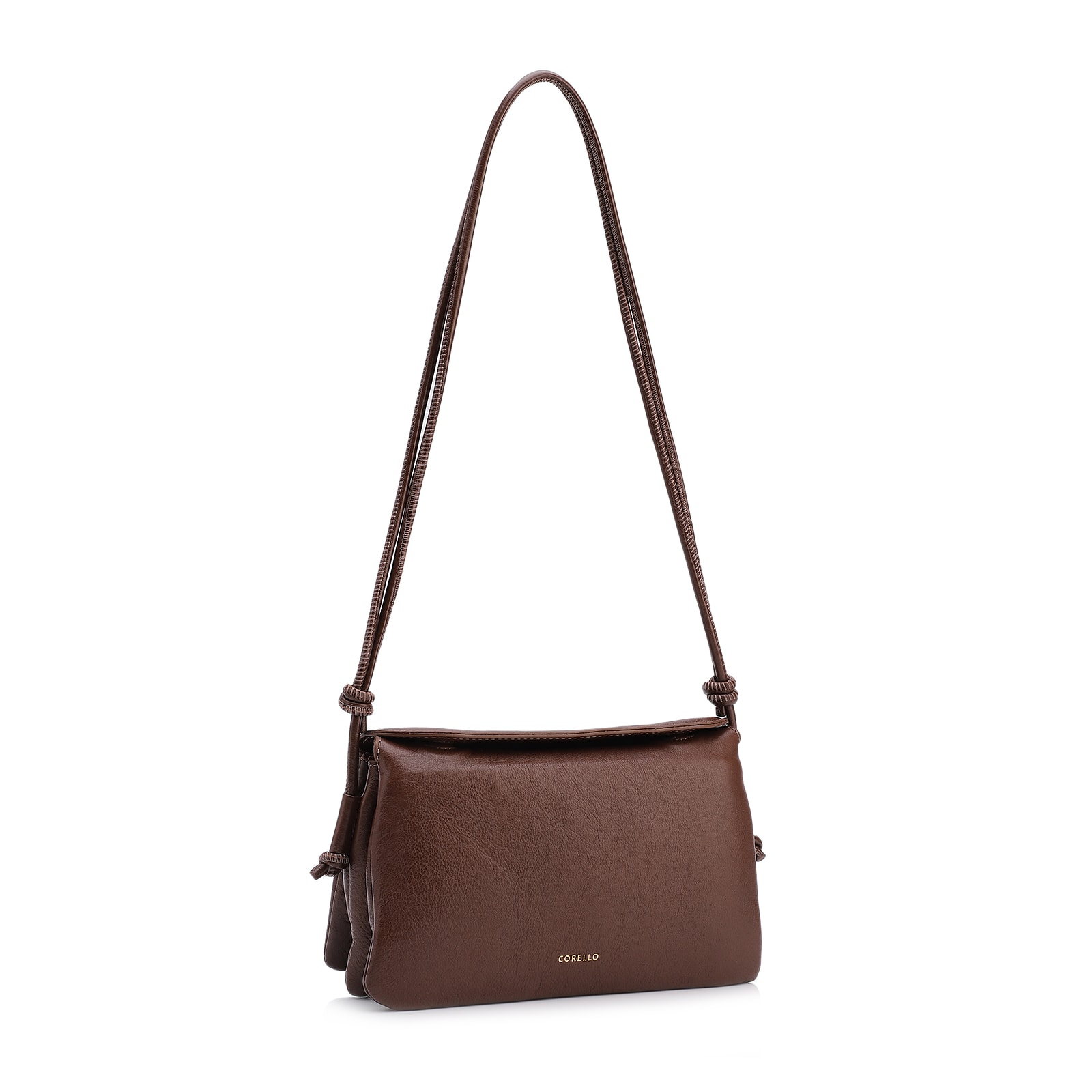 Bolsa De Ombro Pequena Couro Plume Marrom Aba Flap