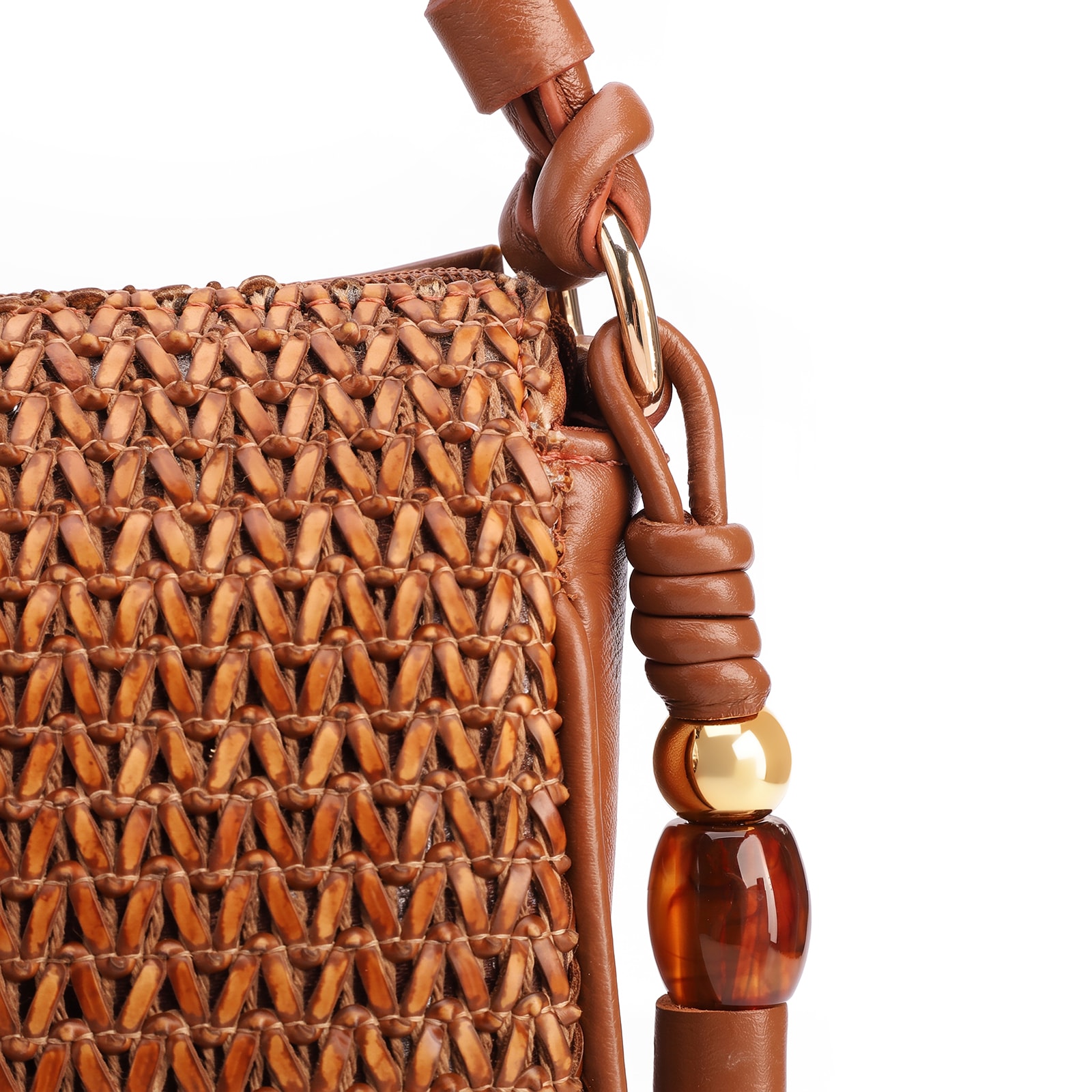 Bolsa De Ombro Pequena De Couro Marrom Claro Tramado Frontal