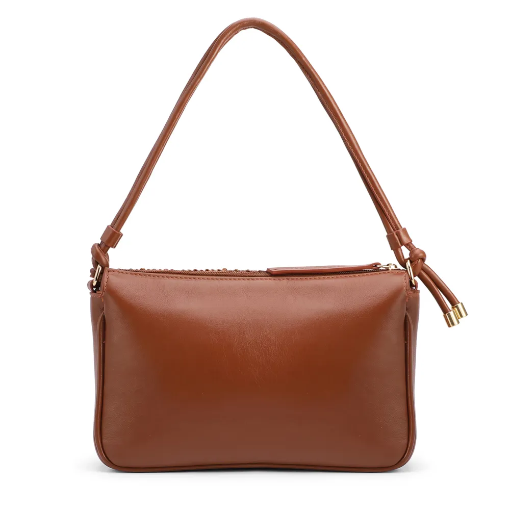 Bolsa De Ombro Pequena De Couro Marrom Claro Tramado Frontal - imagem 3