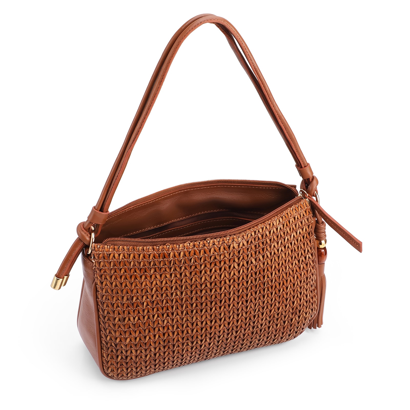 Bolsa De Ombro Pequena De Couro Marrom Claro Tramado Frontal