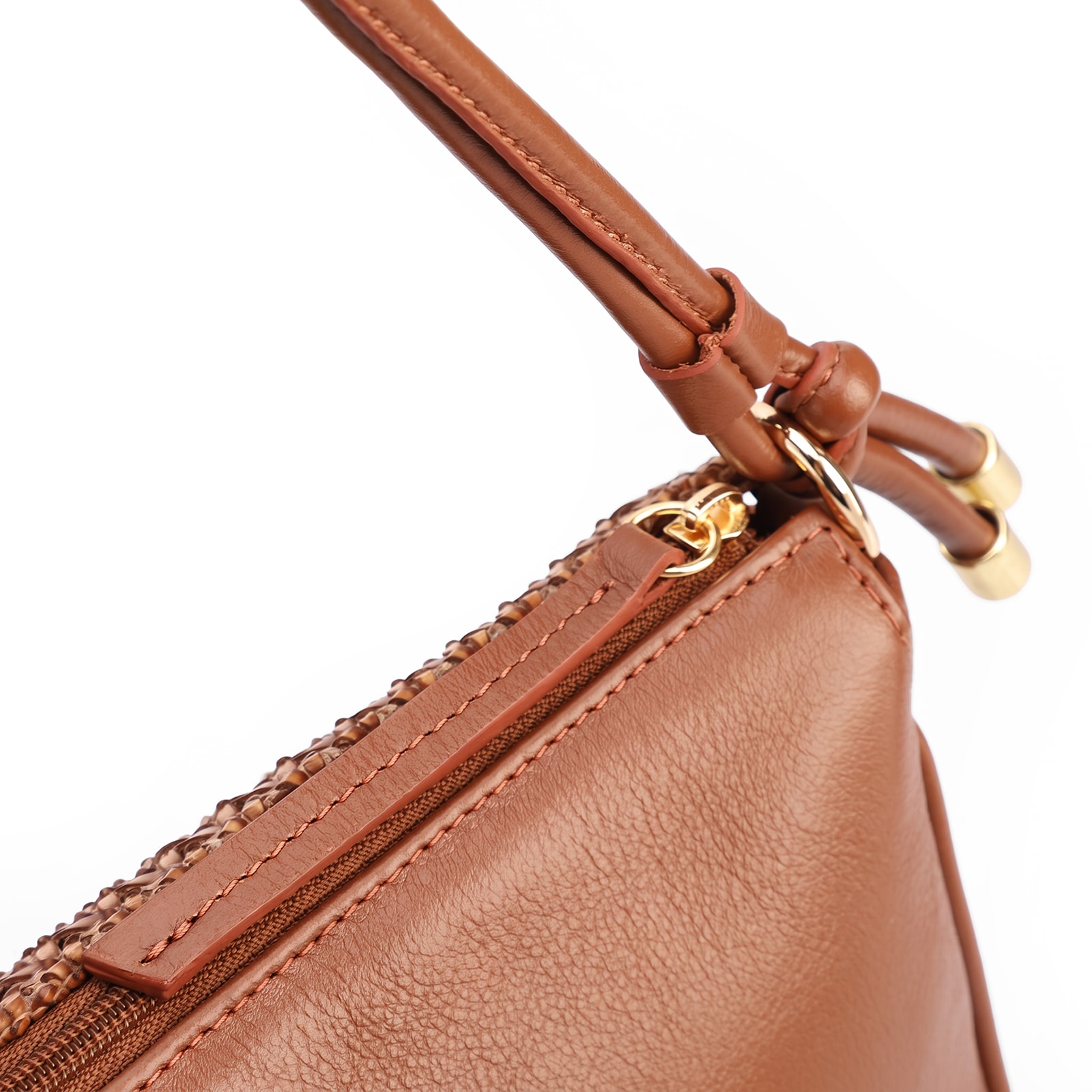 Bolsa De Ombro Pequena De Couro Marrom Claro Tramado Frontal