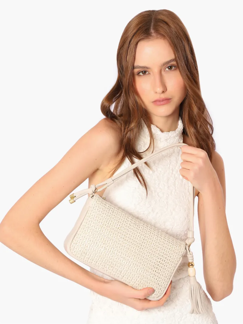 Bolsa De Ombro Pequena De Couro Off White Tramado Frontal - foto 3