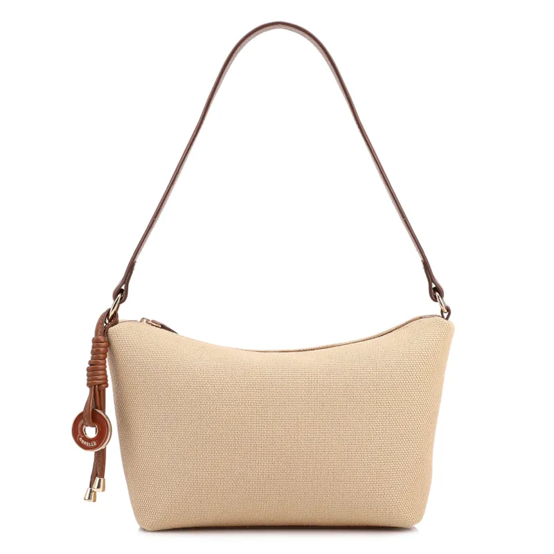  Bolsa De Ombro Pequena Linho Bege /Couro Marrom Claro Pingente