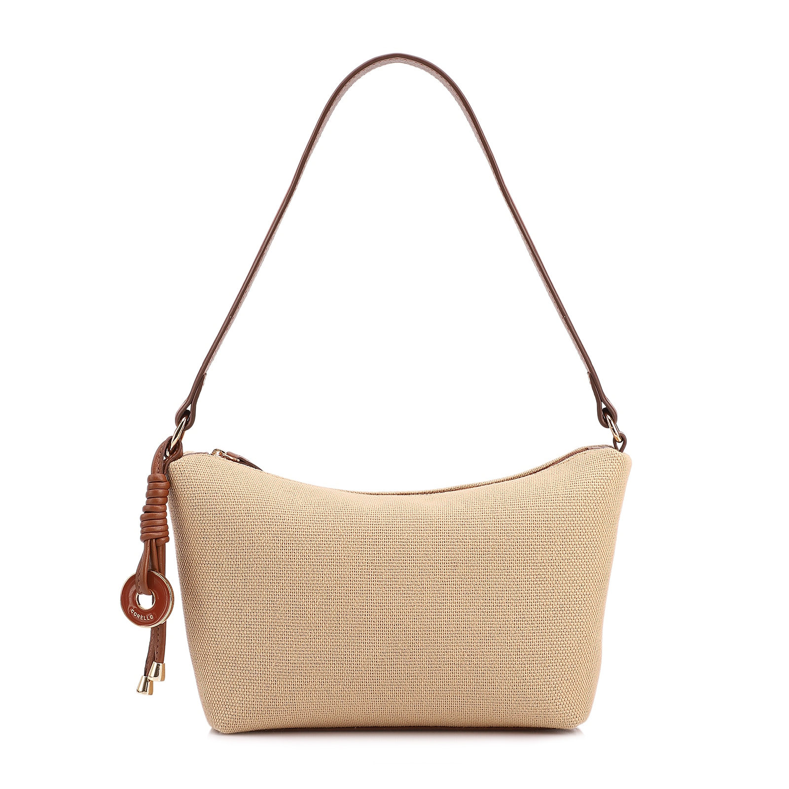  Bolsa De Ombro Pequena Linho Bege /Couro Marrom Claro Pingente