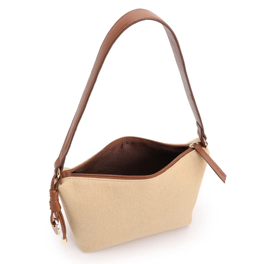  Bolsa De Ombro Pequena Linho Bege /Couro Marrom Claro Pingente - imagem 4