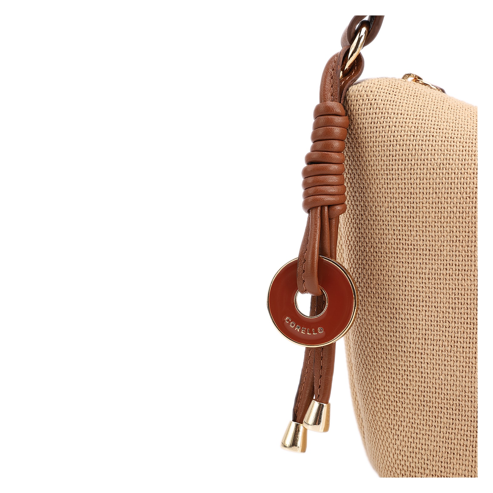Bolsa De Ombro Pequena Linho Bege /Couro Marrom Claro Pingente