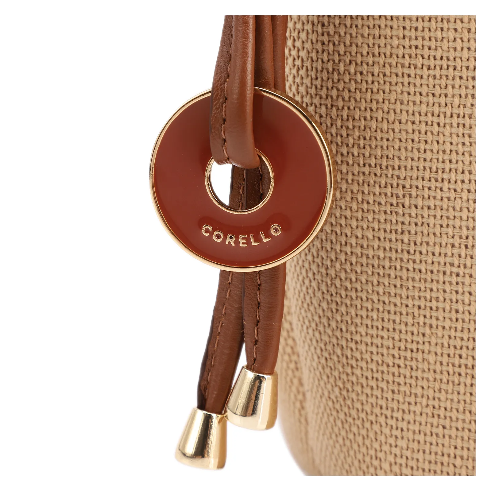 Bolsa De Ombro Pequena Linho Bege /Couro Marrom Claro Pingente