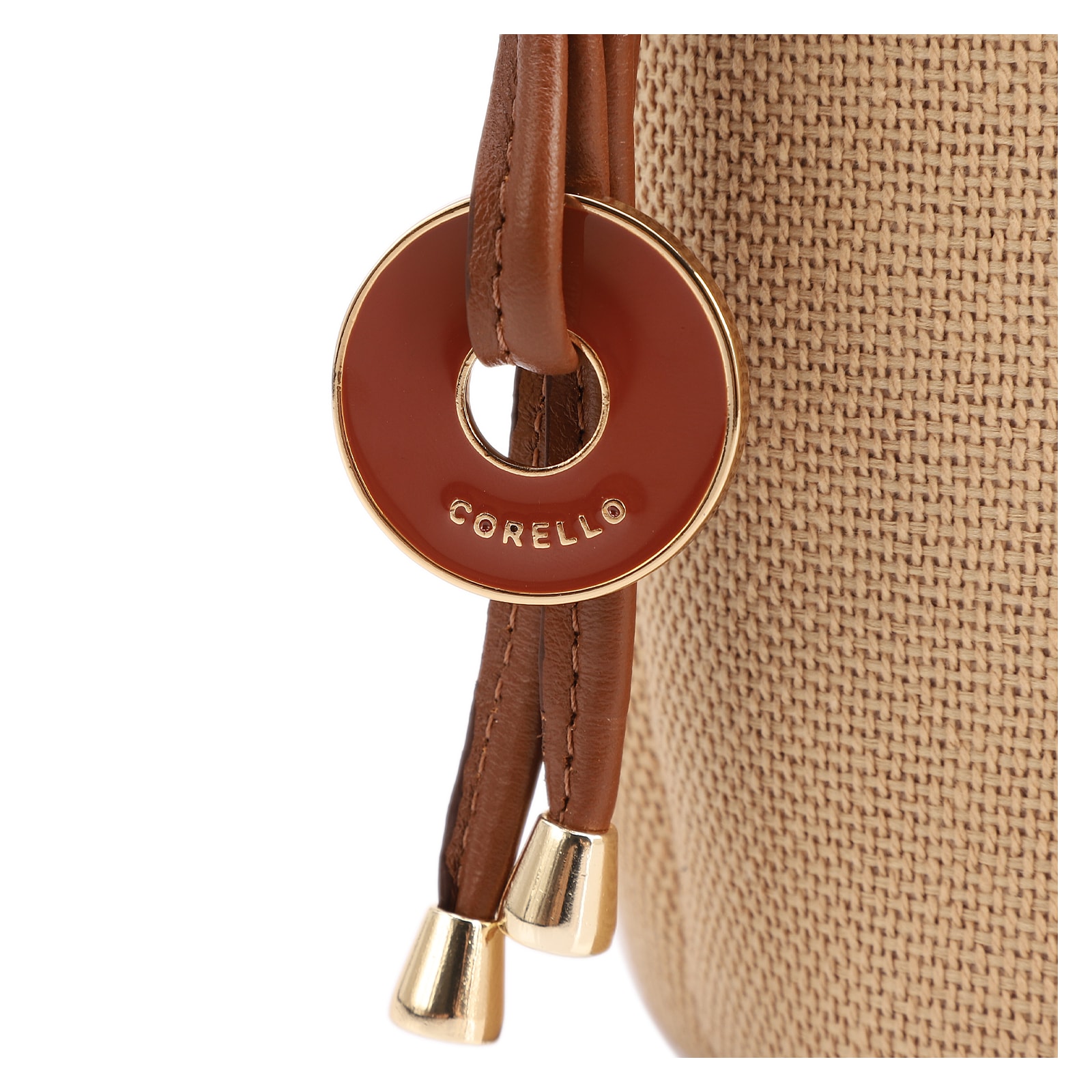 Bolsa De Ombro Pequena Linho Bege /Couro Marrom Claro Pingente