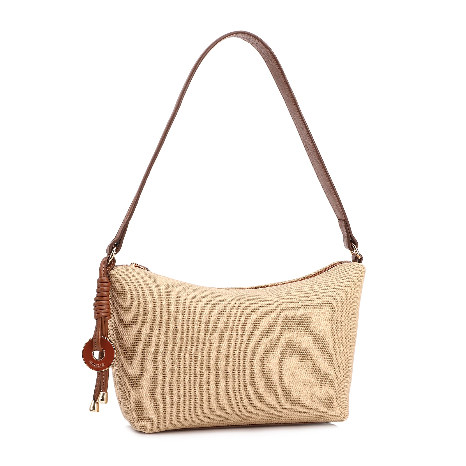 Bolsa De Ombro Pequena Linho Bege /Couro Marrom Claro Pingente
