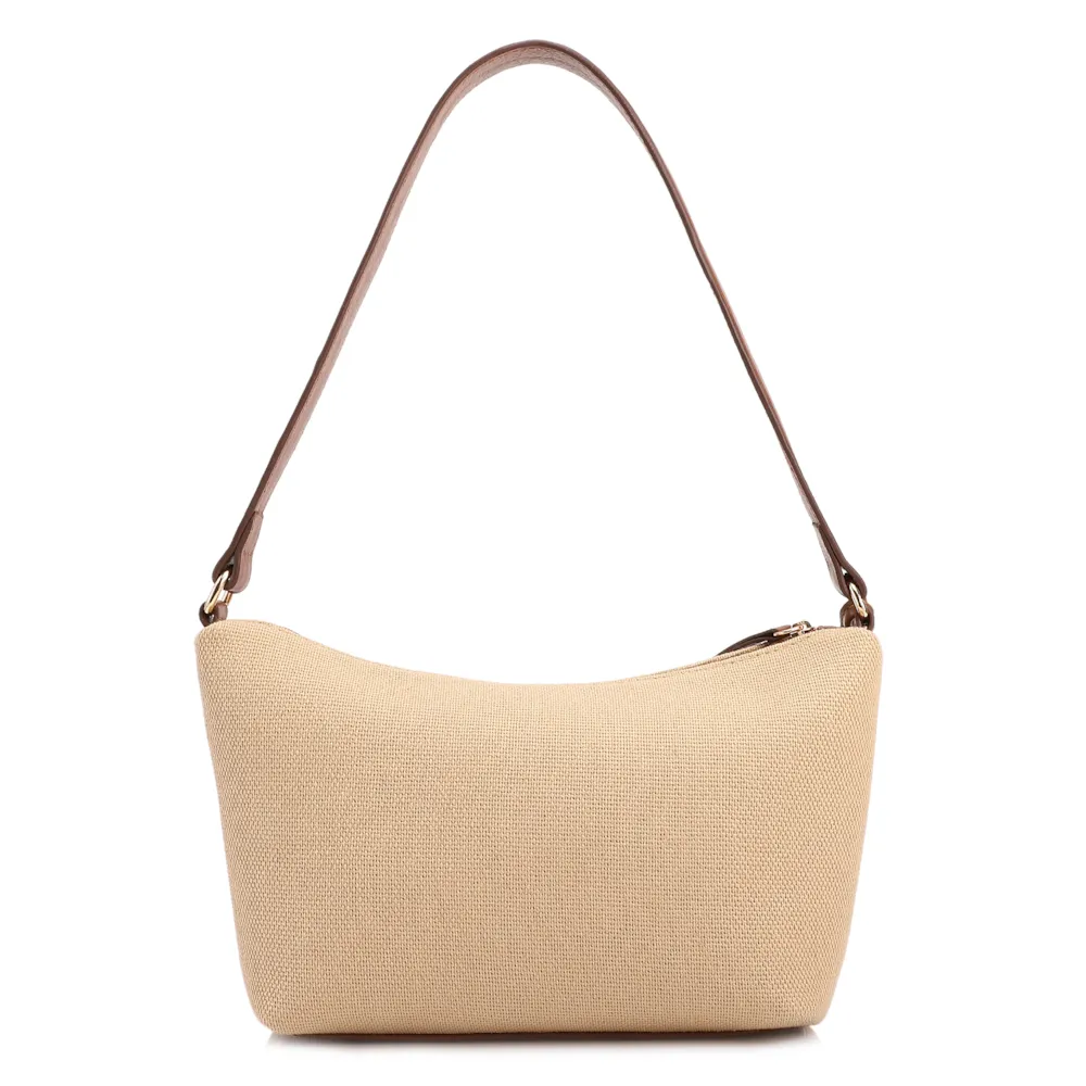  Bolsa De Ombro Pequena Linho Bege /Couro Marrom Claro Pingente - imagem 3