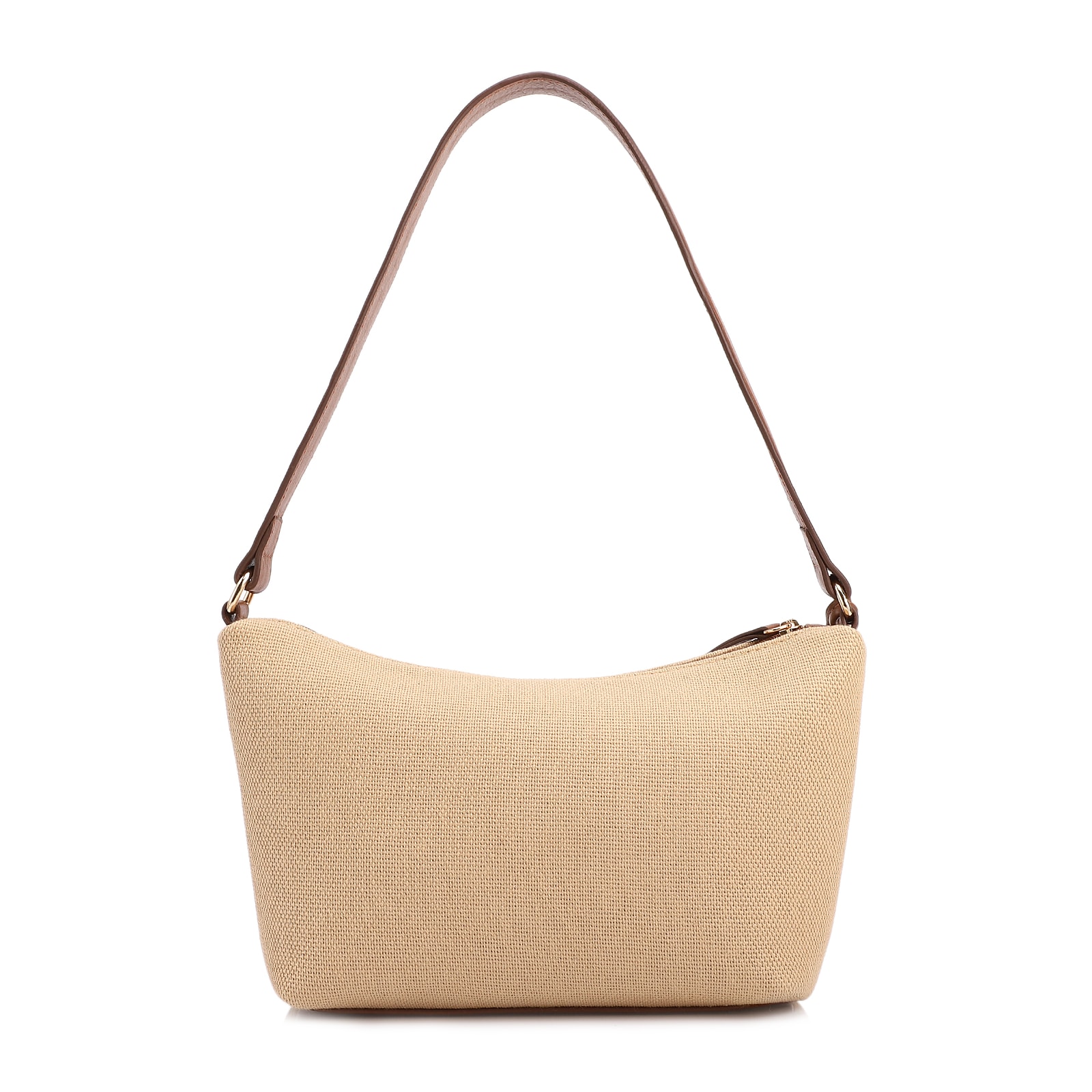 Bolsa De Ombro Pequena Linho Bege /Couro Marrom Claro Pingente