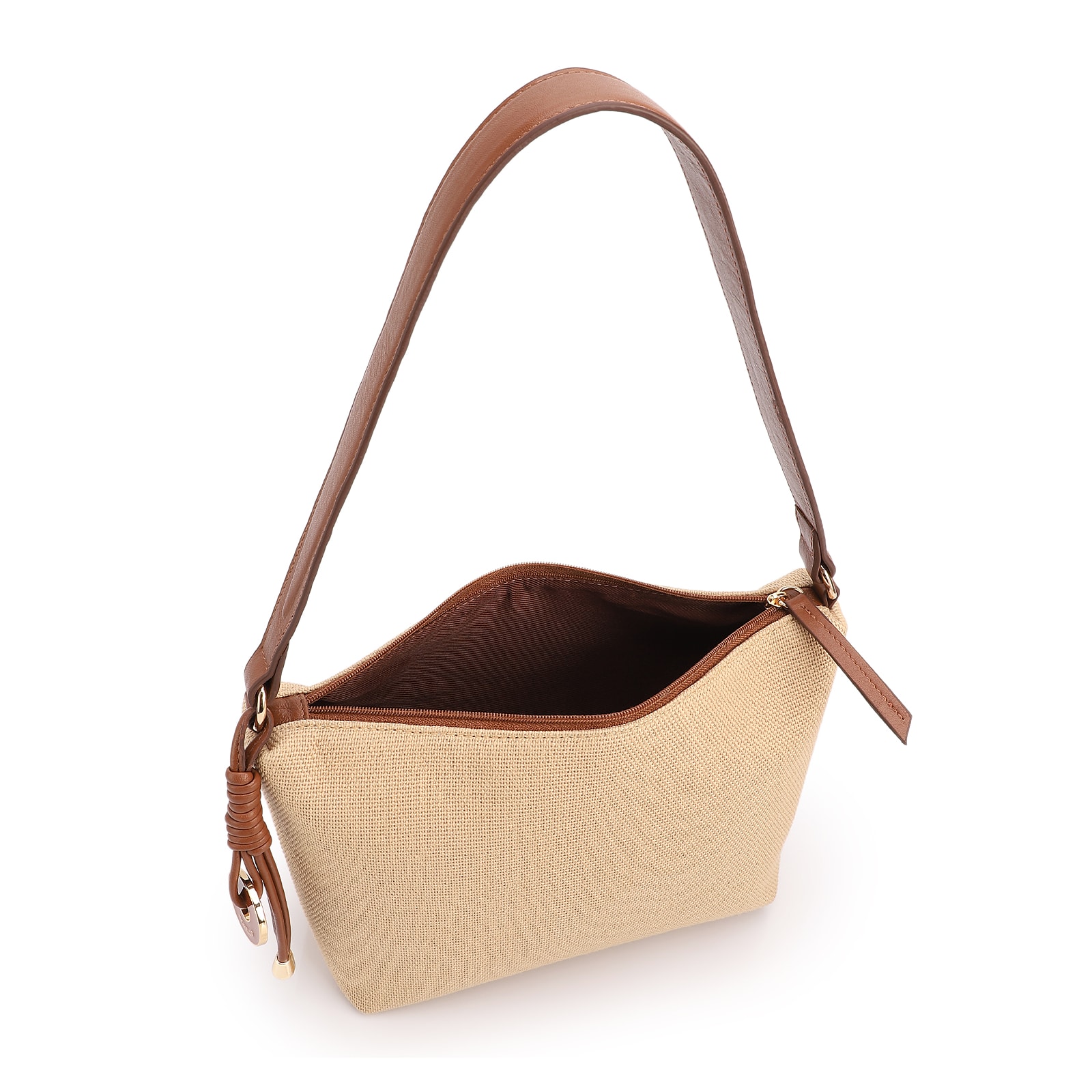 Bolsa De Ombro Pequena Linho Bege /Couro Marrom Claro Pingente