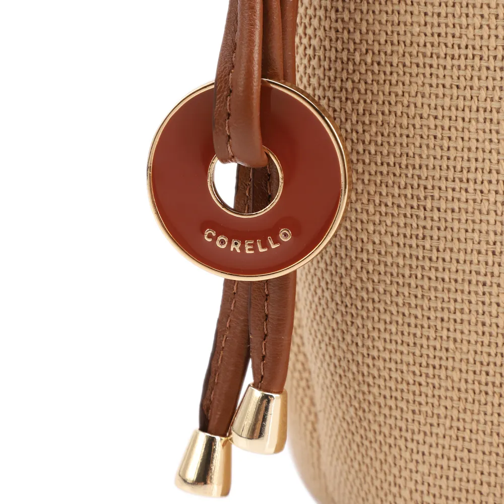  Bolsa De Ombro Pequena Linho Bege /Couro Marrom Claro Pingente - imagem 6