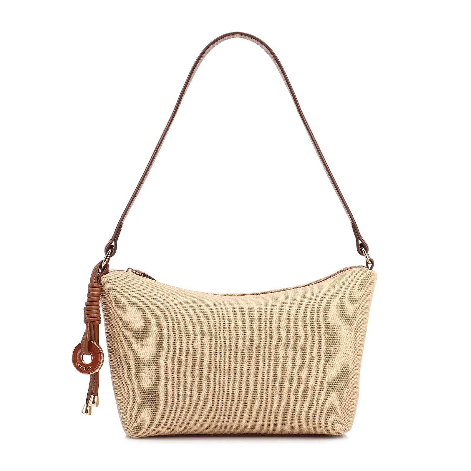  Bolsa De Ombro Pequena Linho Bege /Couro Marrom Claro Pingente