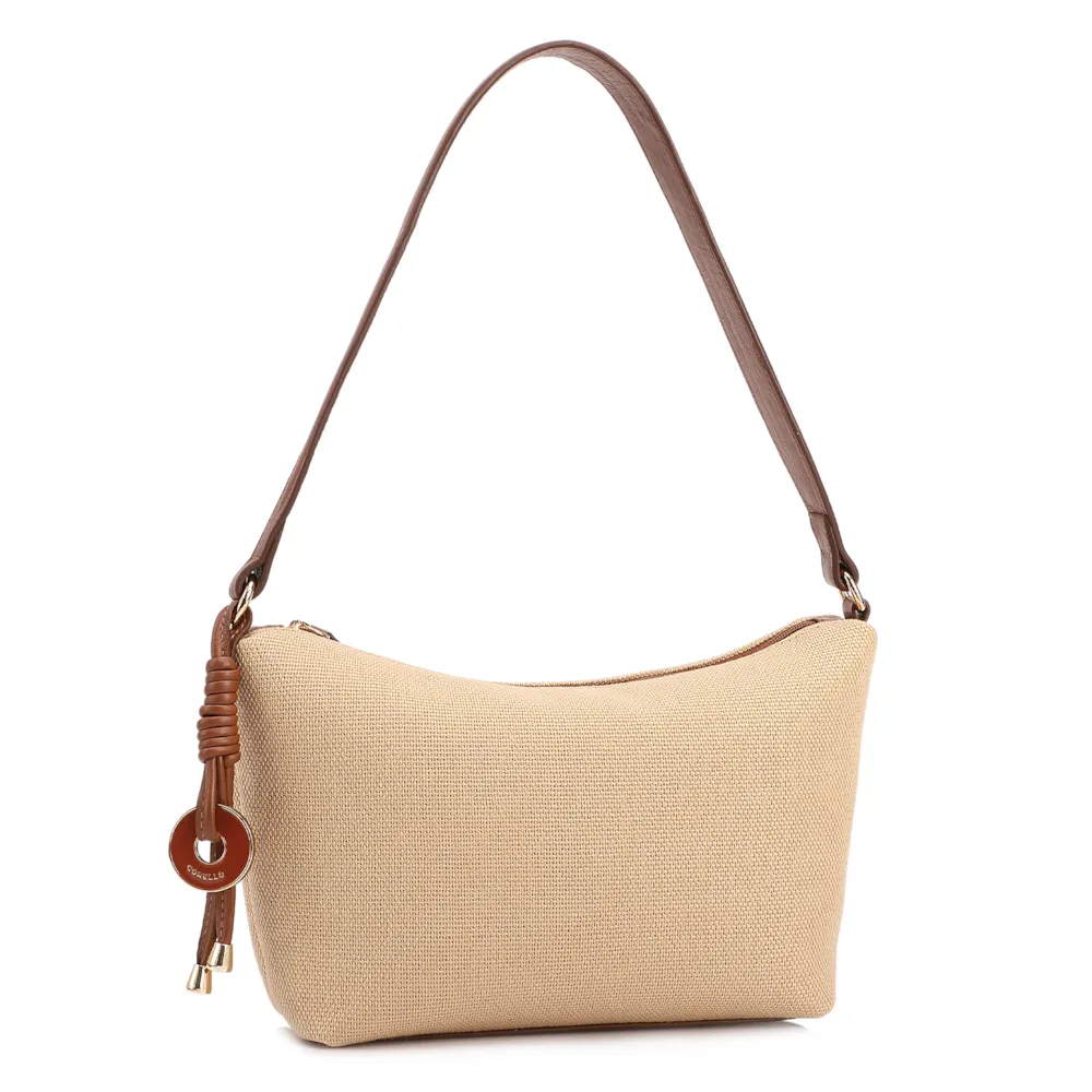  Bolsa De Ombro Pequena Linho Bege /Couro Marrom Claro Pingente - imagem 2