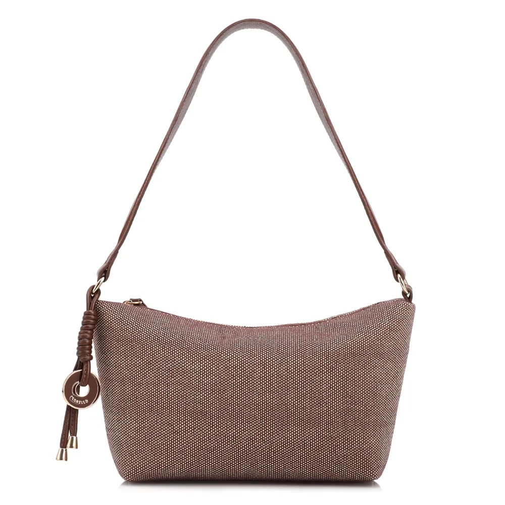  Bolsa De Ombro Pequena Linho/Couro Marrom Pingente