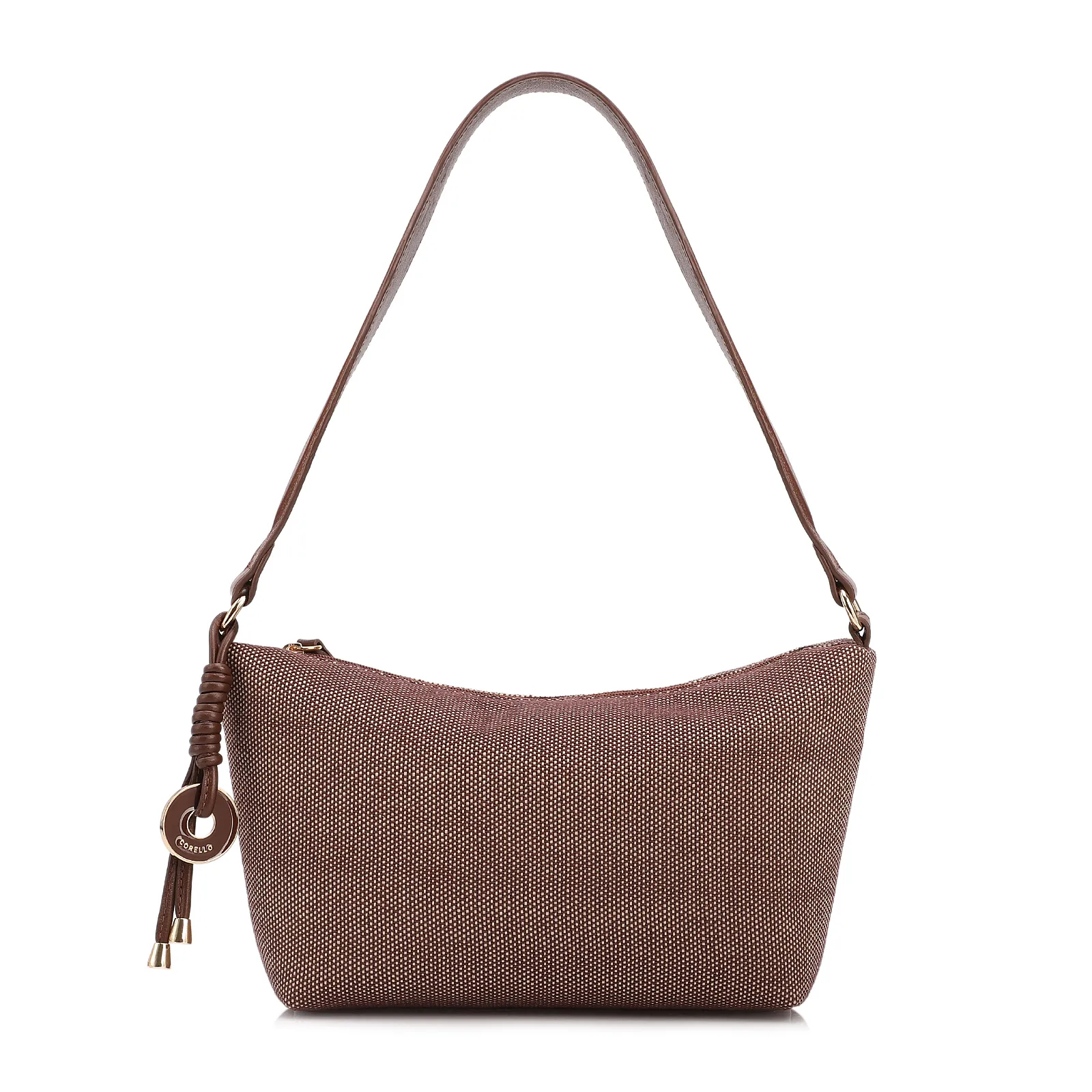 Bolsa De Ombro Pequena Linho/Couro Marrom Pingente