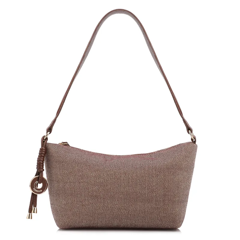  Bolsa De Ombro Pequena Linho/Couro Marrom Pingente