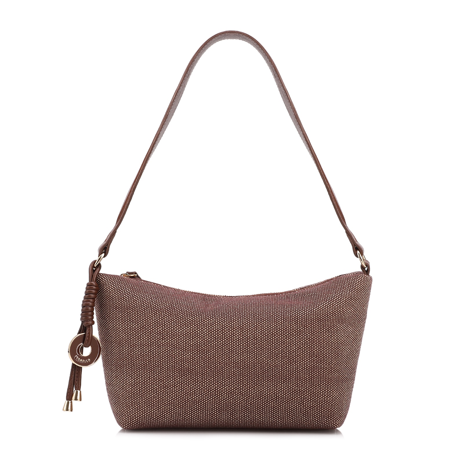 Bolsa De Ombro Pequena Linho/Couro Marrom Pingente