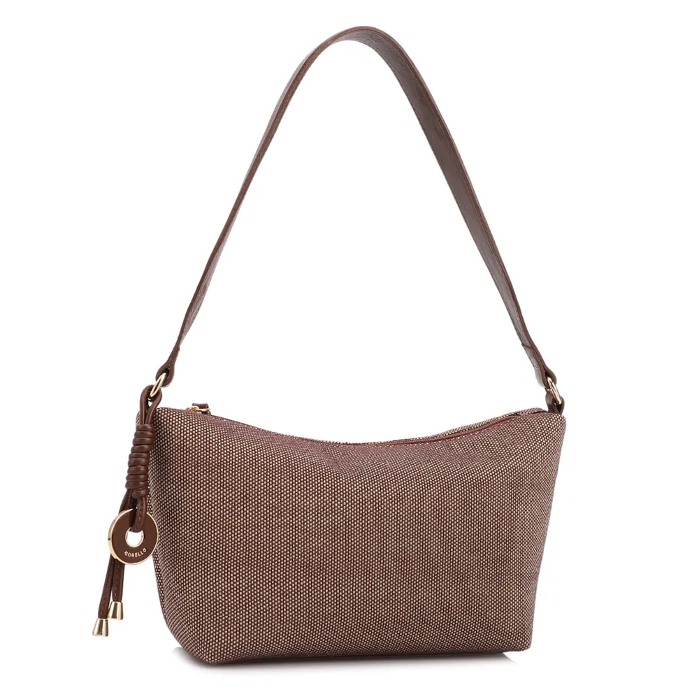  Bolsa De Ombro Pequena Linho/Couro Marrom Pingente - imagem 2