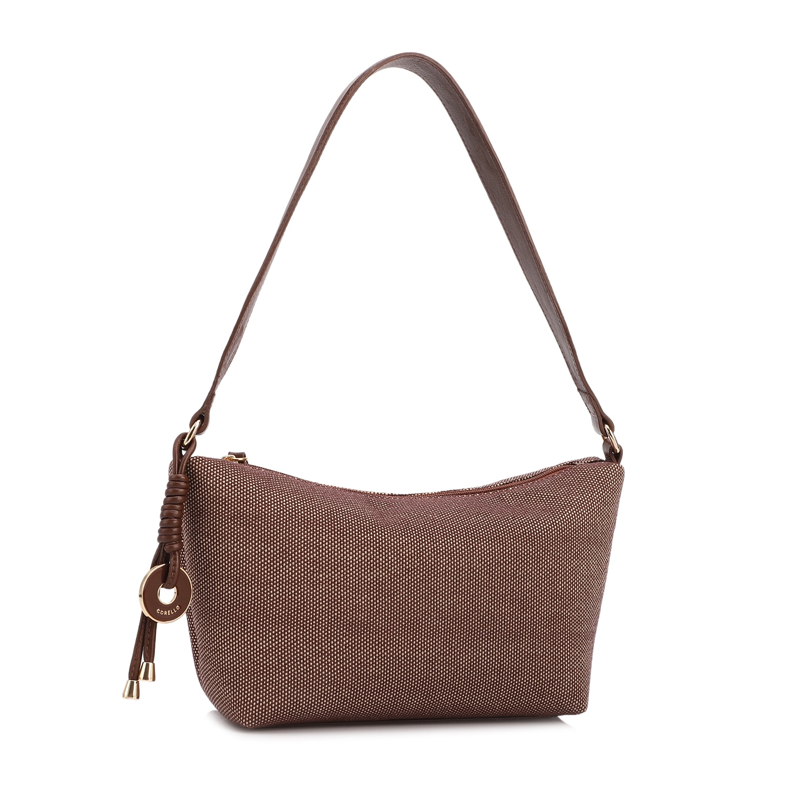 Bolsa De Ombro Pequena Linho/Couro Marrom Pingente