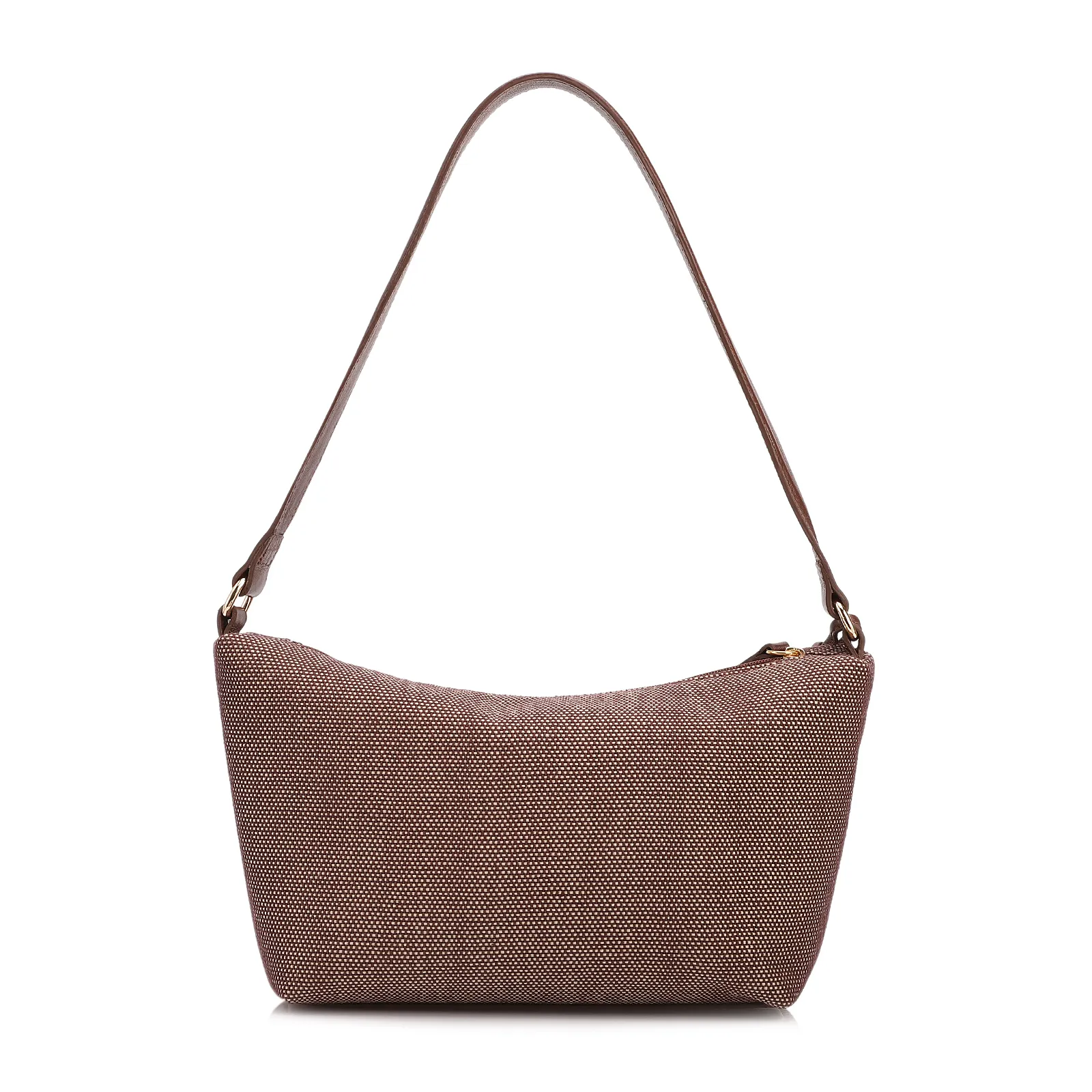 Bolsa De Ombro Pequena Linho/Couro Marrom Pingente