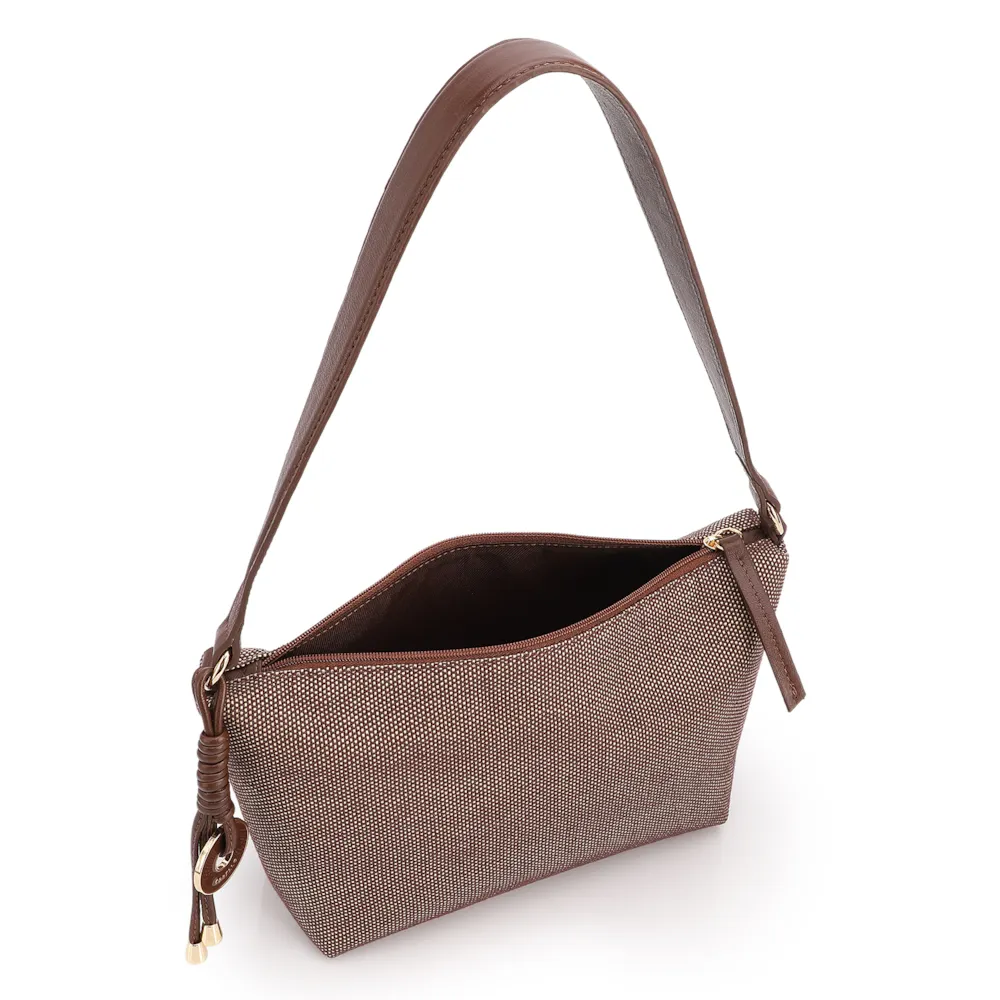  Bolsa De Ombro Pequena Linho/Couro Marrom Pingente - imagem 4