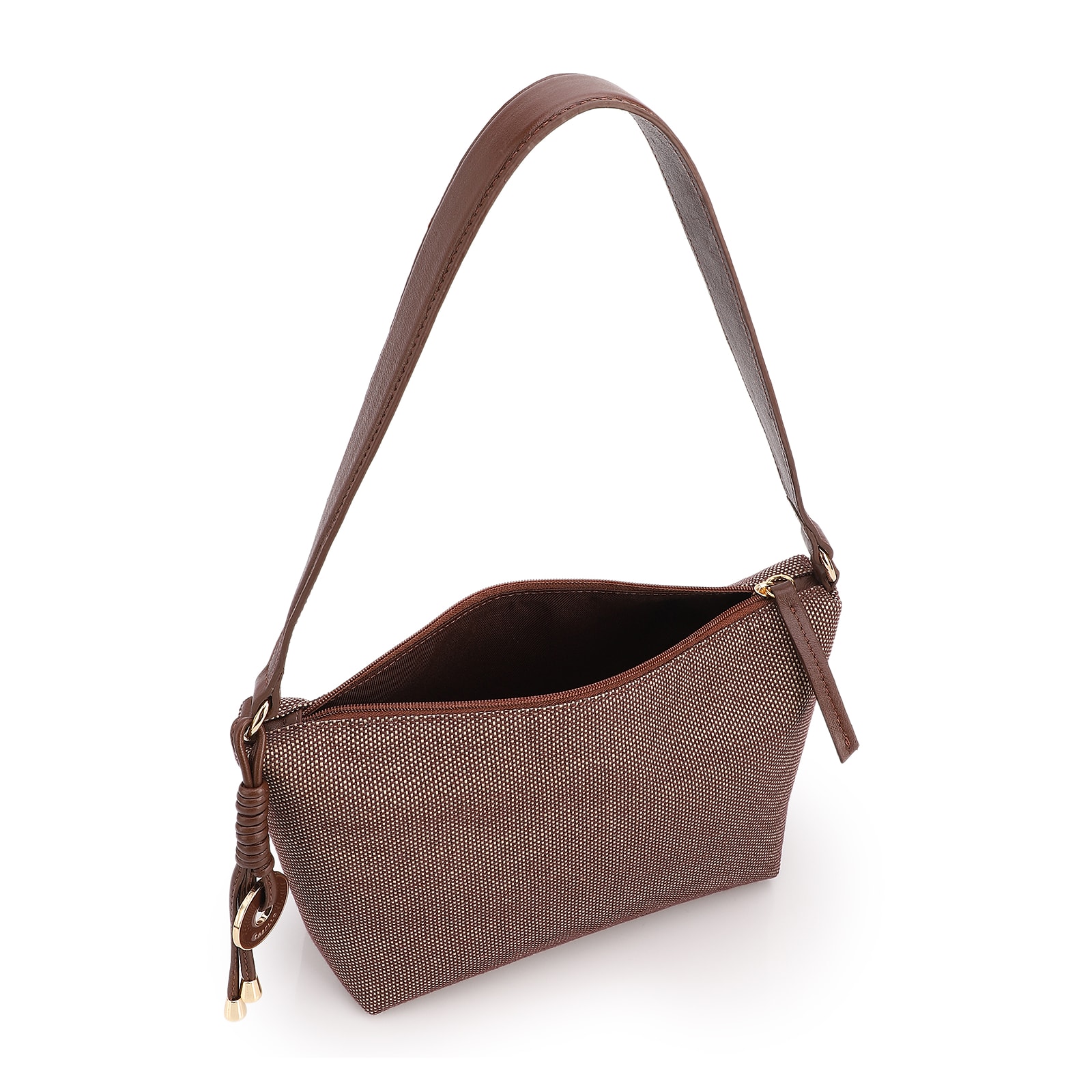 Bolsa De Ombro Pequena Linho/Couro Marrom Pingente