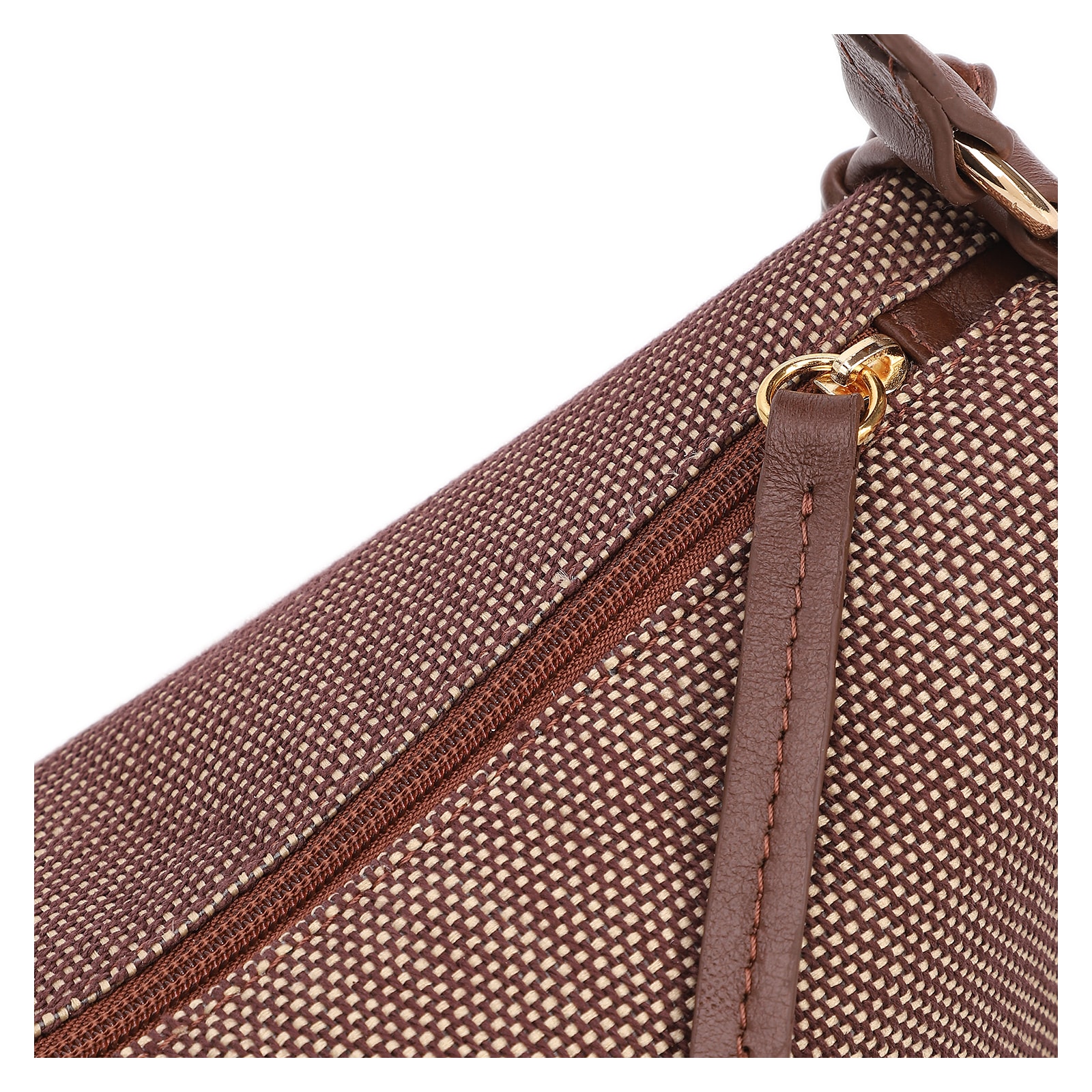 Bolsa De Ombro Pequena Linho/Couro Marrom Pingente