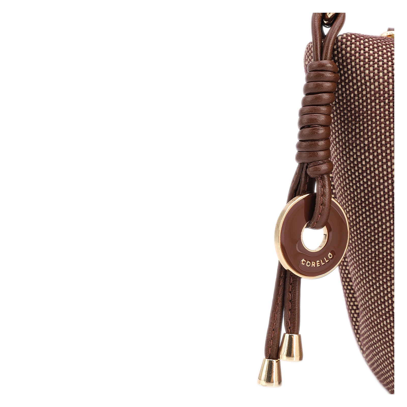 Bolsa De Ombro Pequena Linho/Couro Marrom Pingente