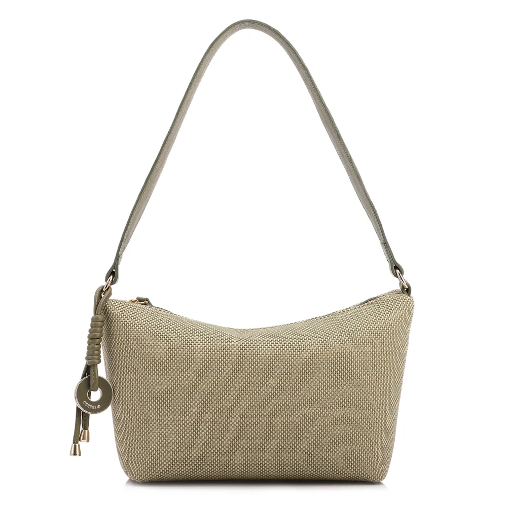  Bolsa De Ombro Pequena Linho/Couro Verde Pingente