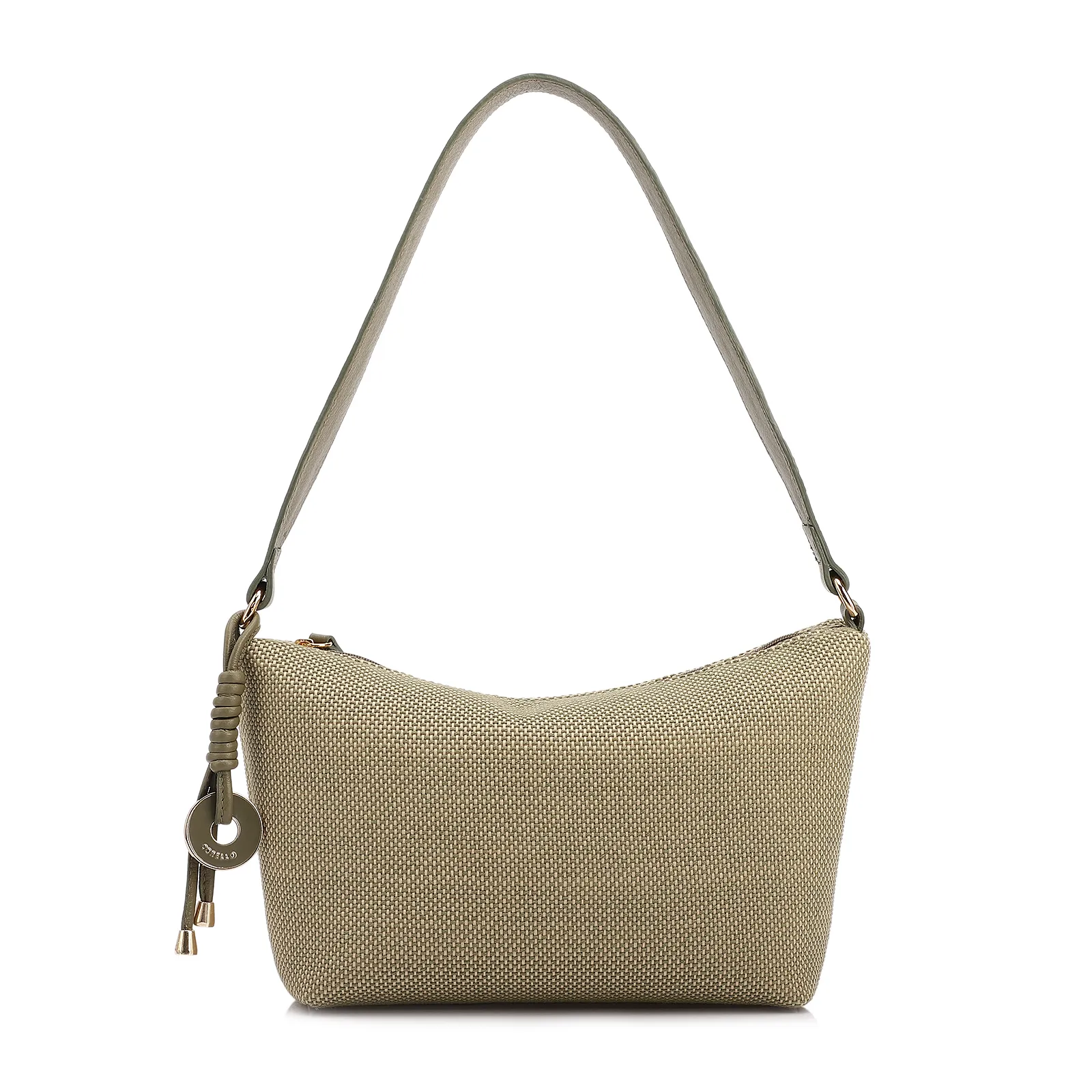 Bolsa De Ombro Pequena Linho/Couro Verde Pingente