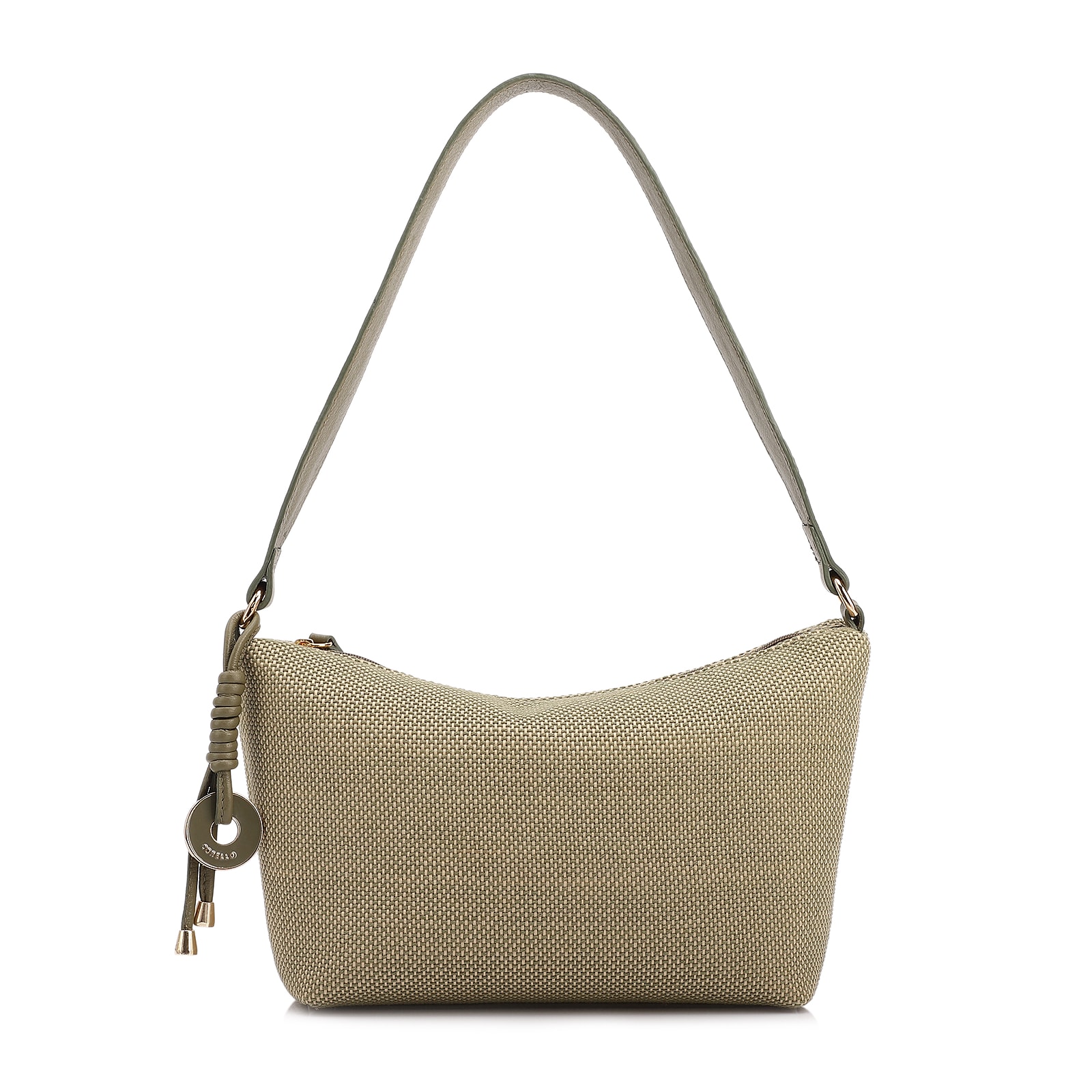 Bolsa De Ombro Pequena Linho/Couro Verde Pingente