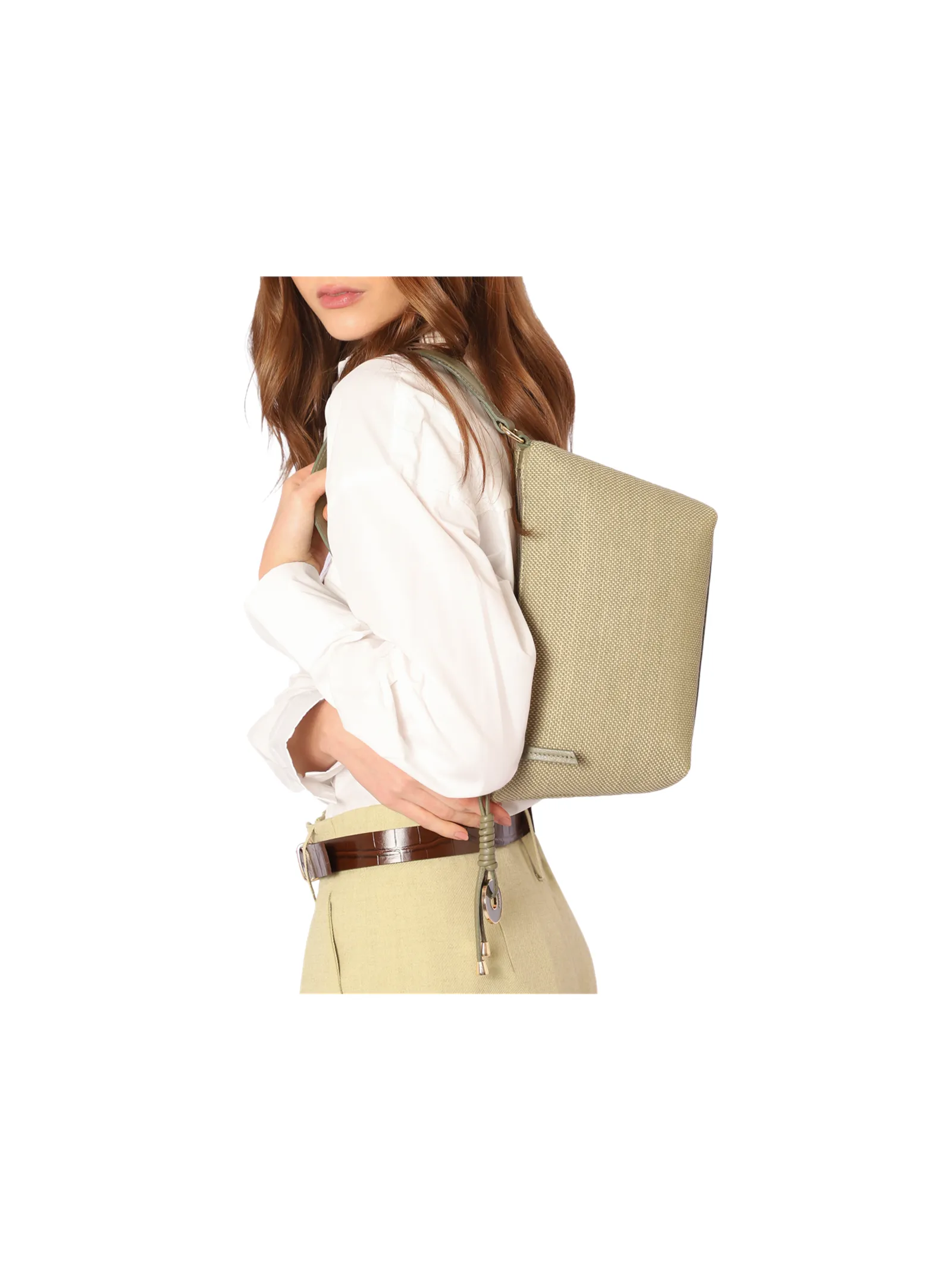 Bolsa De Ombro Pequena Linho/Couro Verde Pingente
