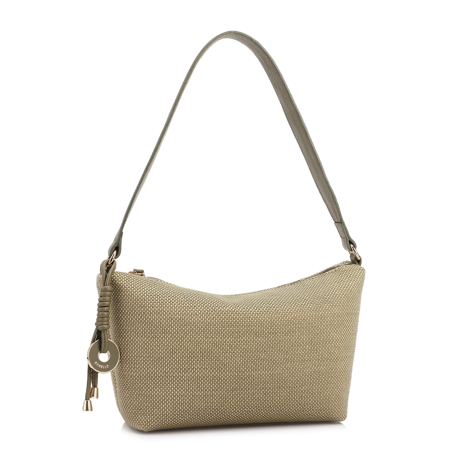 Bolsa De Ombro Pequena Linho/Couro Verde Pingente