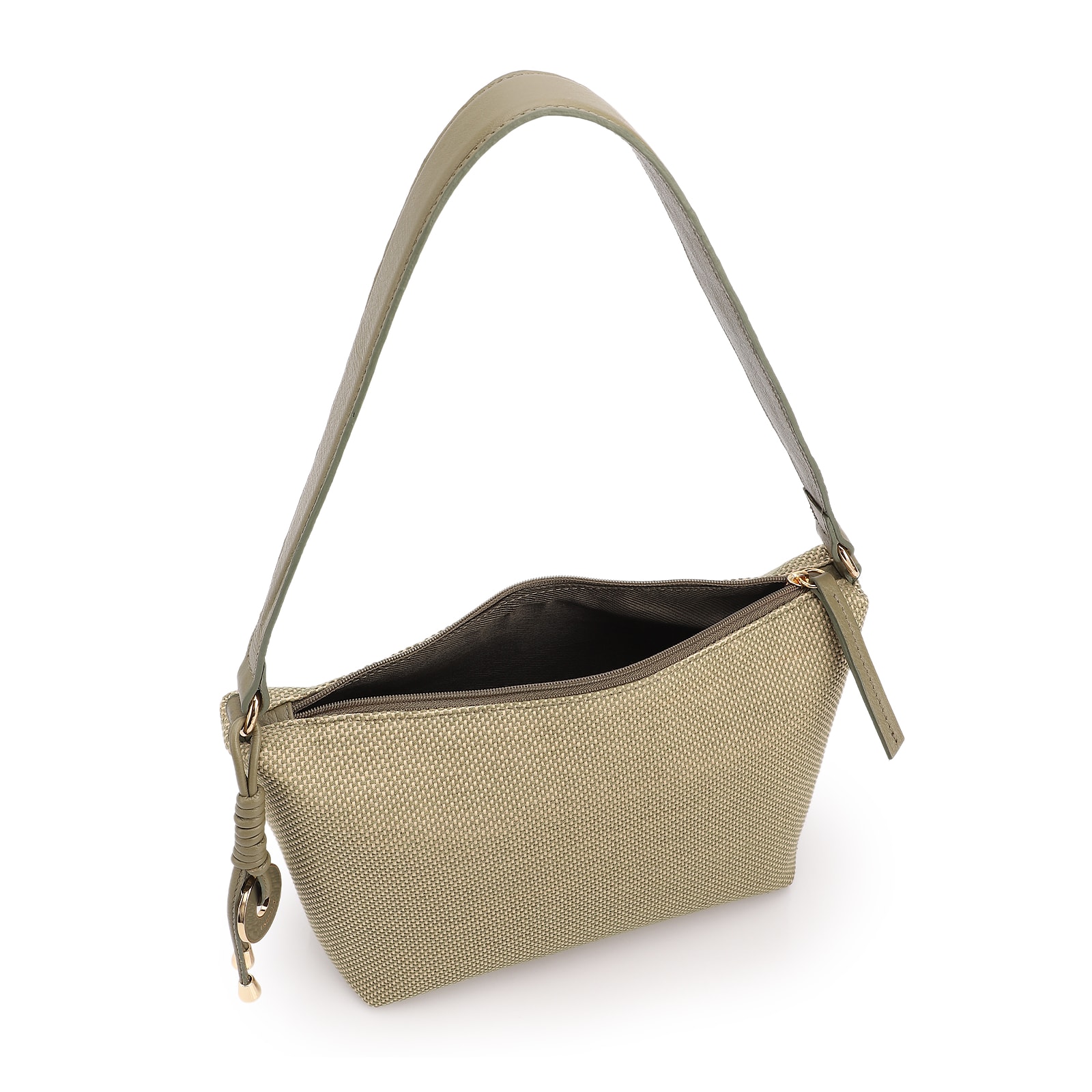 Bolsa De Ombro Pequena Linho/Couro Verde Pingente