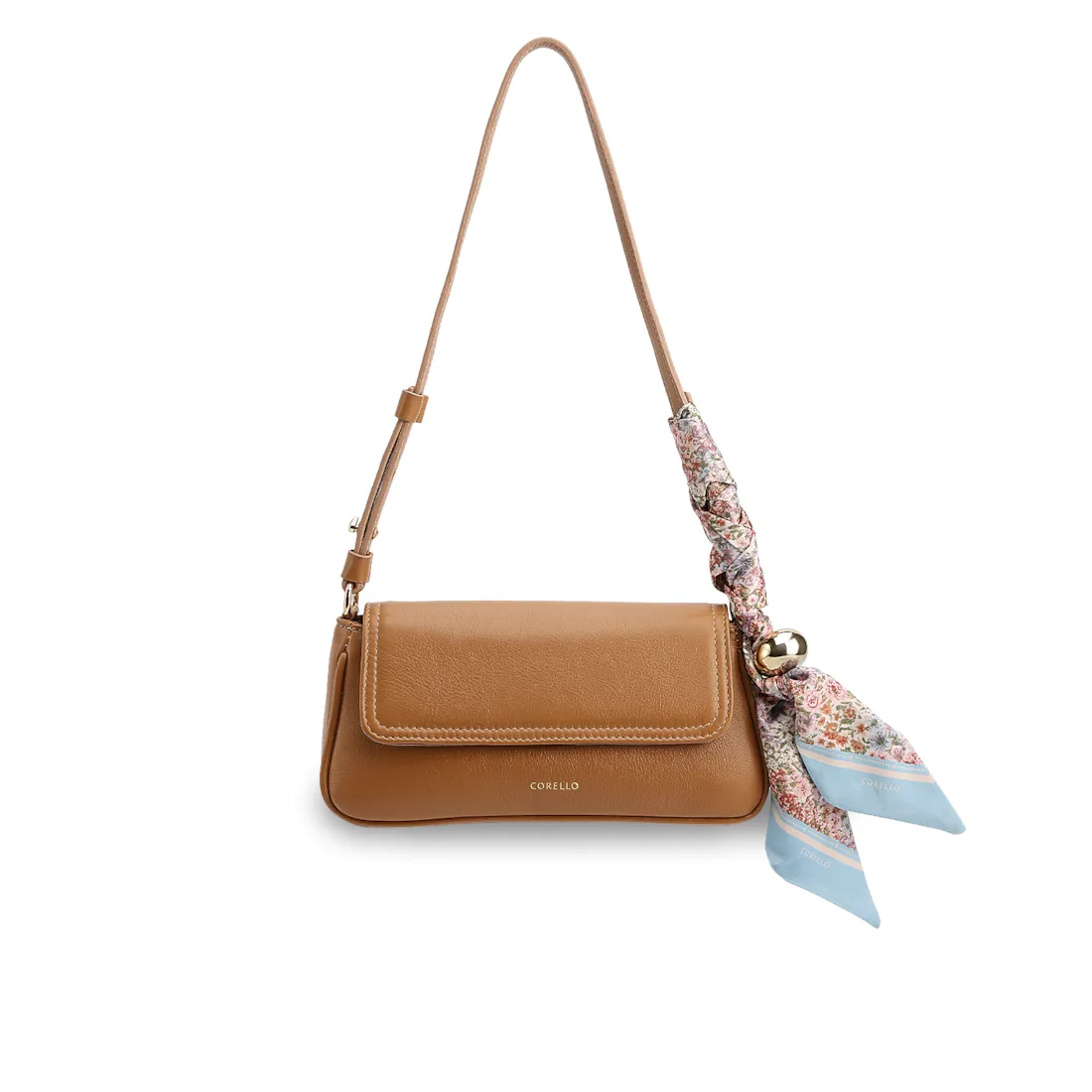  Bolsa De Ombro Pequena Marrom Claro Couro Lenço Esfera Dourada
