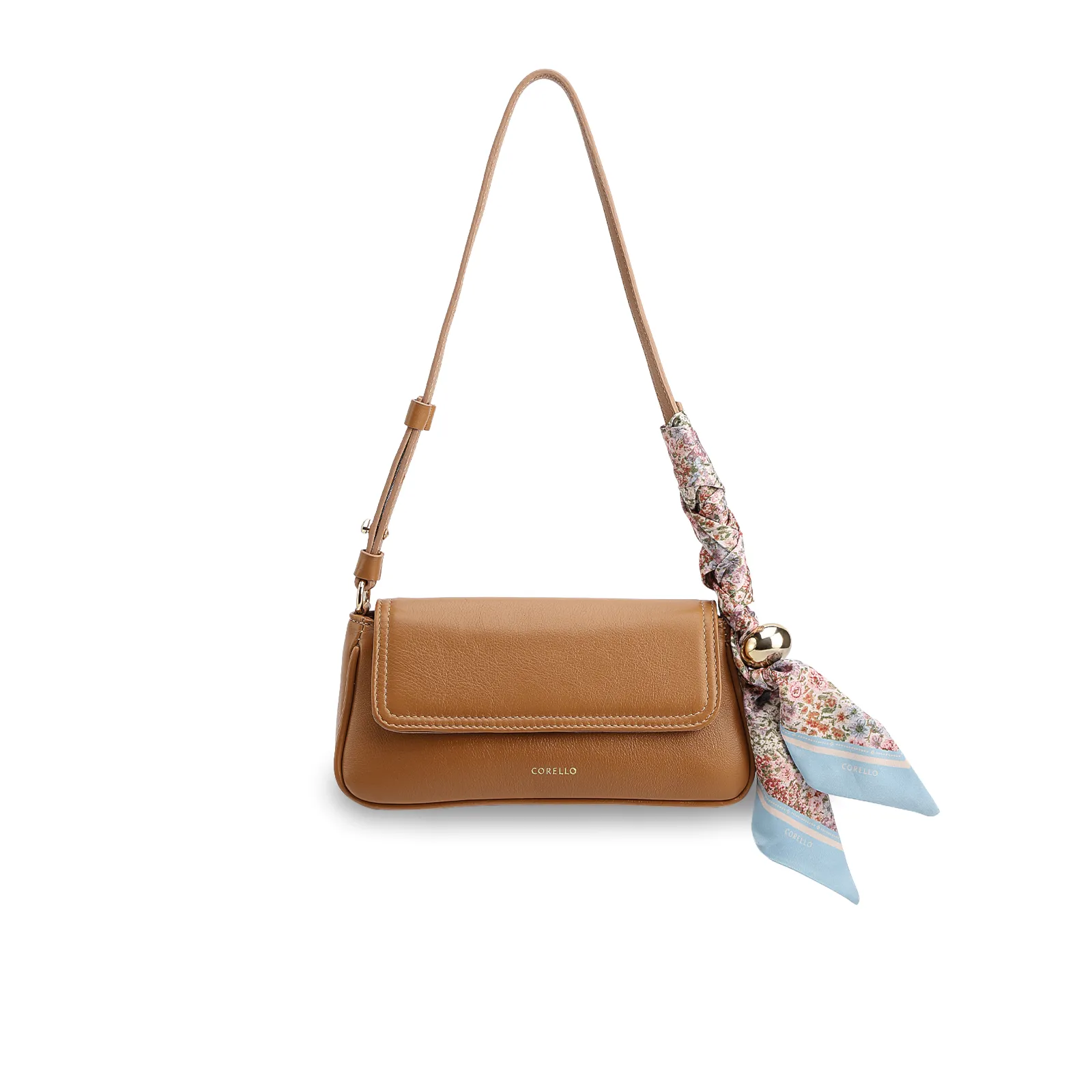  Bolsa De Ombro Pequena Marrom Claro Couro Lenço Esfera Dourada